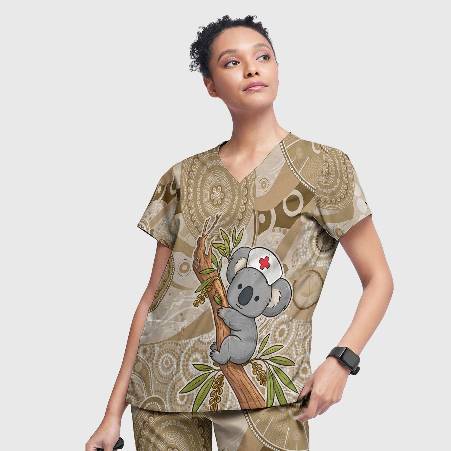 Australian Indigenous Inspired Dot Art Scrub Set, Cute Koala Pattern Nurse Shirt, Comfortable Scrubs For Nursing