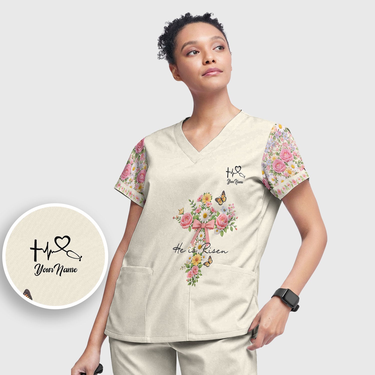 Personalized Meaningful Easter Nurse He Is Risen Floral Cross Bow Pattern Scrub Set, Women's Scrub Sets