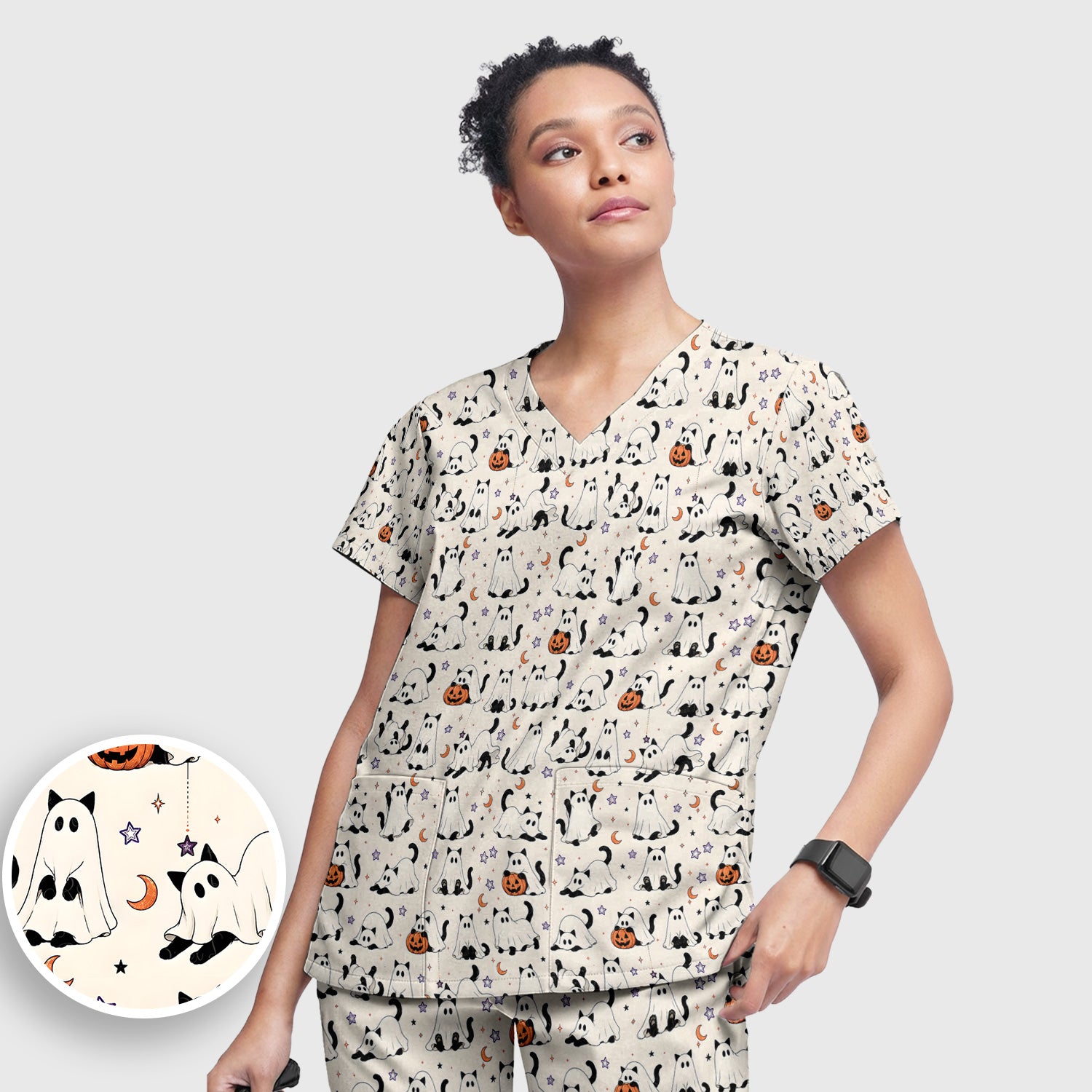 Halloween Ghost Cats And Pumpkins Scrub Set, Scrub Pants and V Neck Top