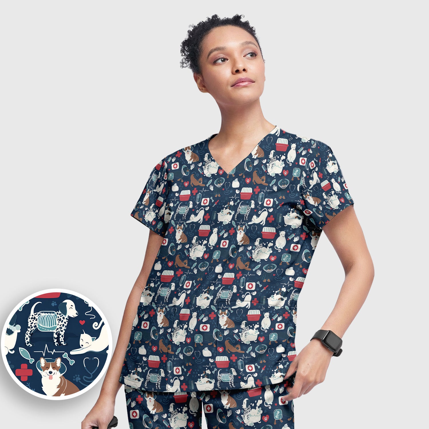 Dogs With Veterinary Tools And Paw Print Scrub Set, Breathable Med Uniform