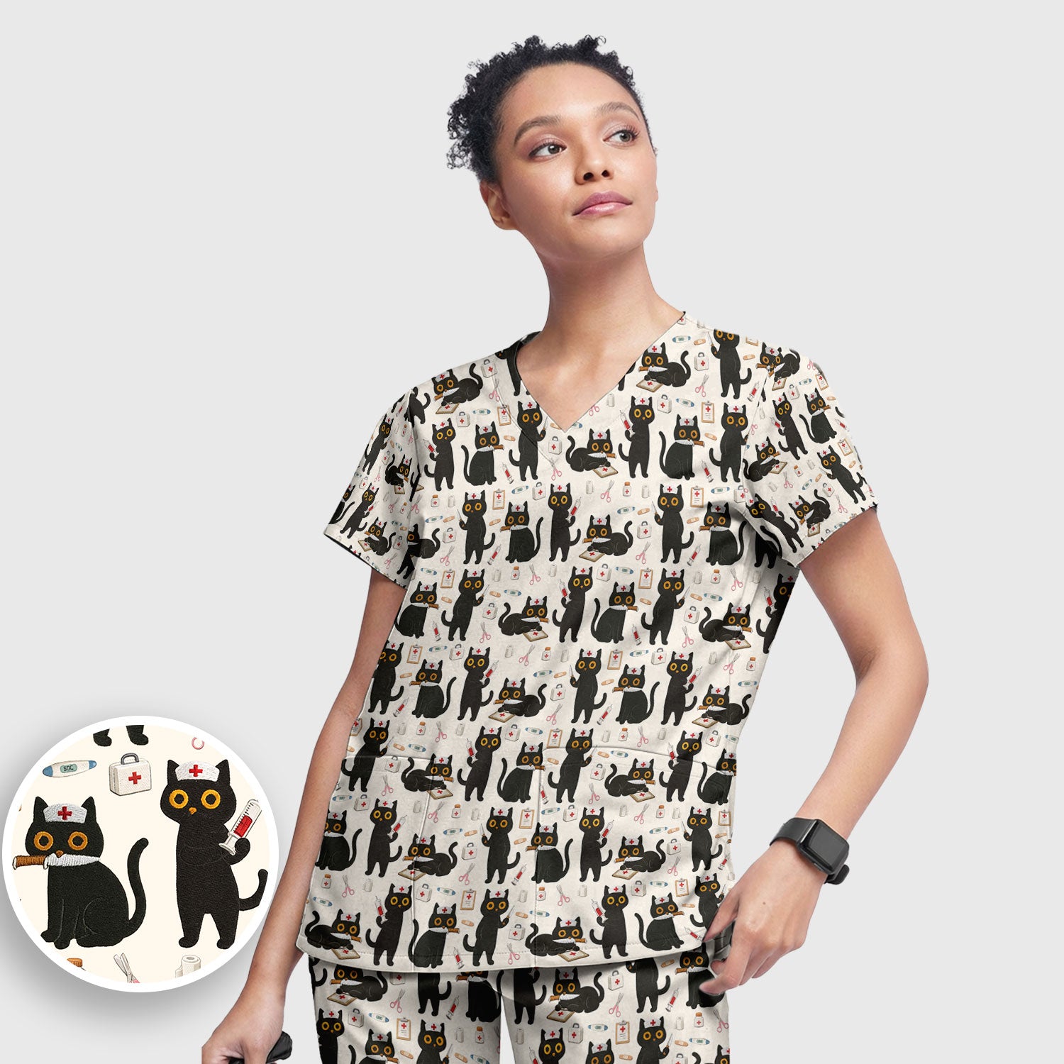 Cute Black Cat Nurse Pattern Women's Scrub Set, Breathable Med Uniform