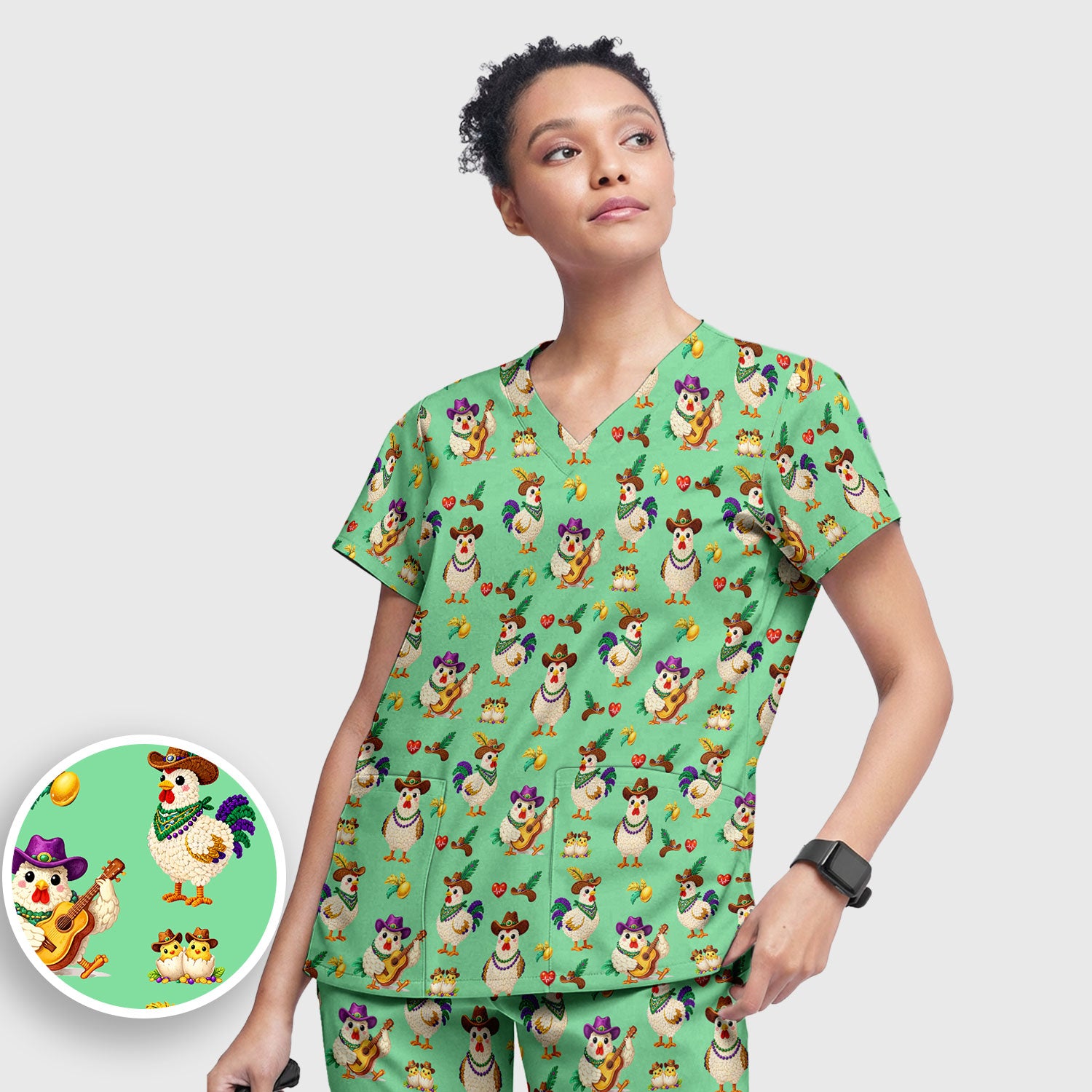 Funny Mardi Gras Rooster Cowboy Print Set, Women's Scrub Sets