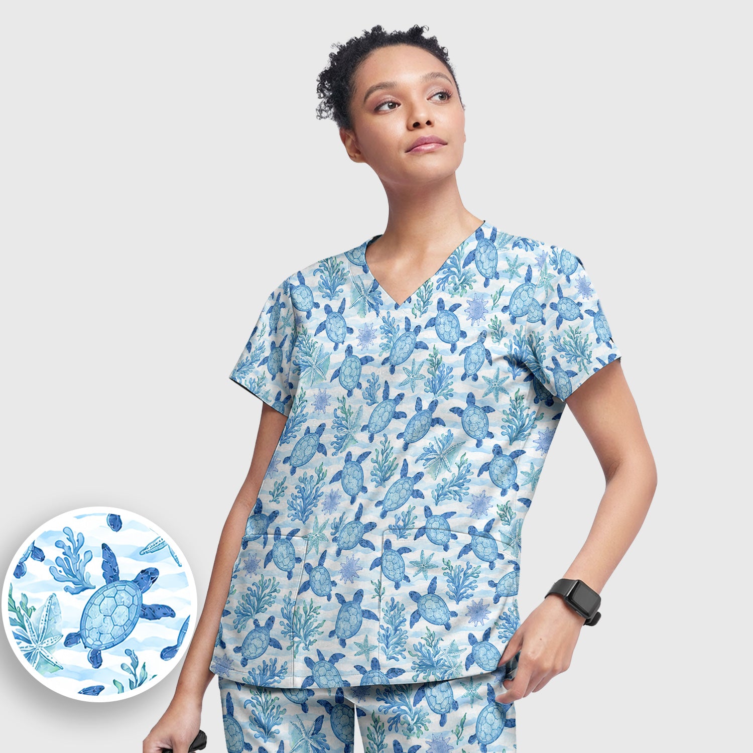 Cute Coastal Sea Turtle Coral Pattern Scrub Set, Scrub Pants and V Neck Top