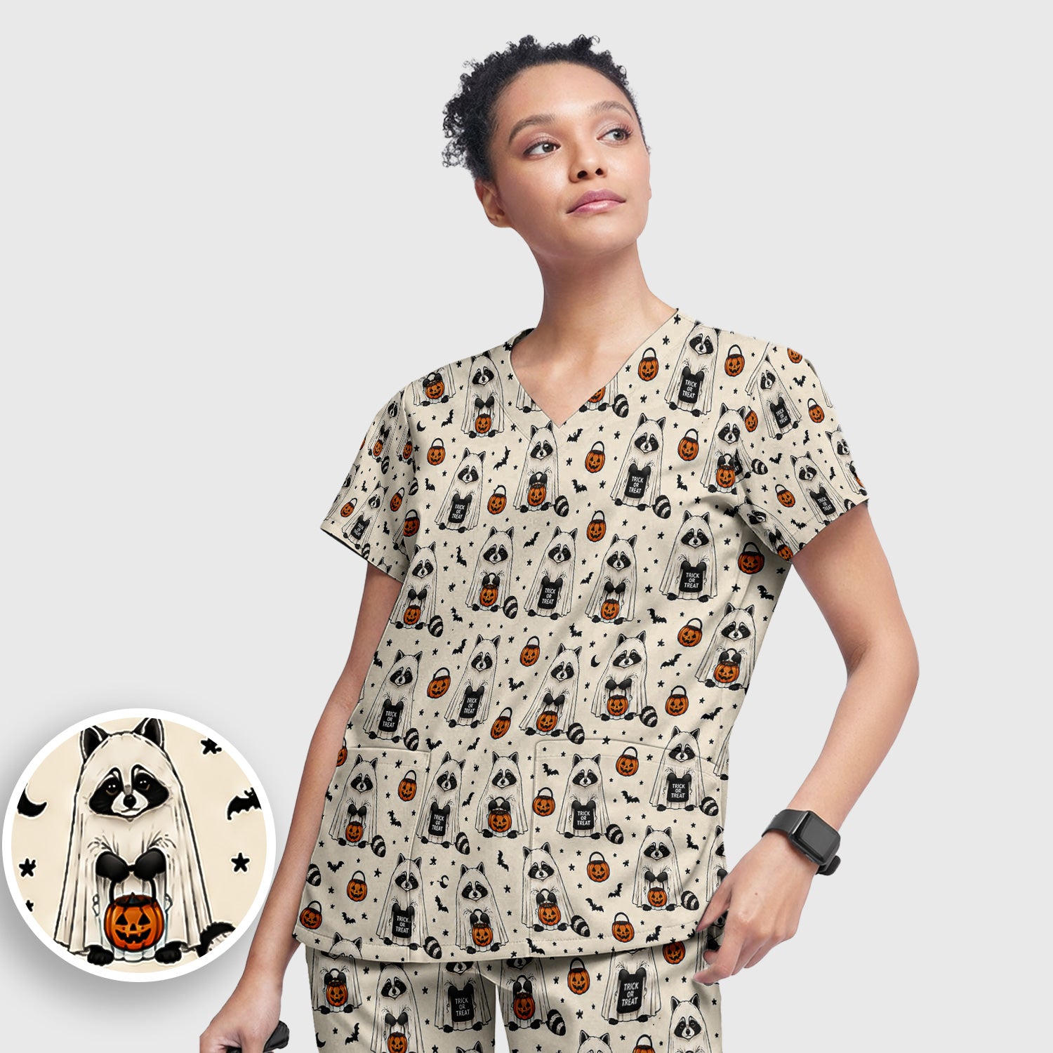 Cute Halloween Ghost Raccoon Scrub Set, Scrub Pants and V Neck Top