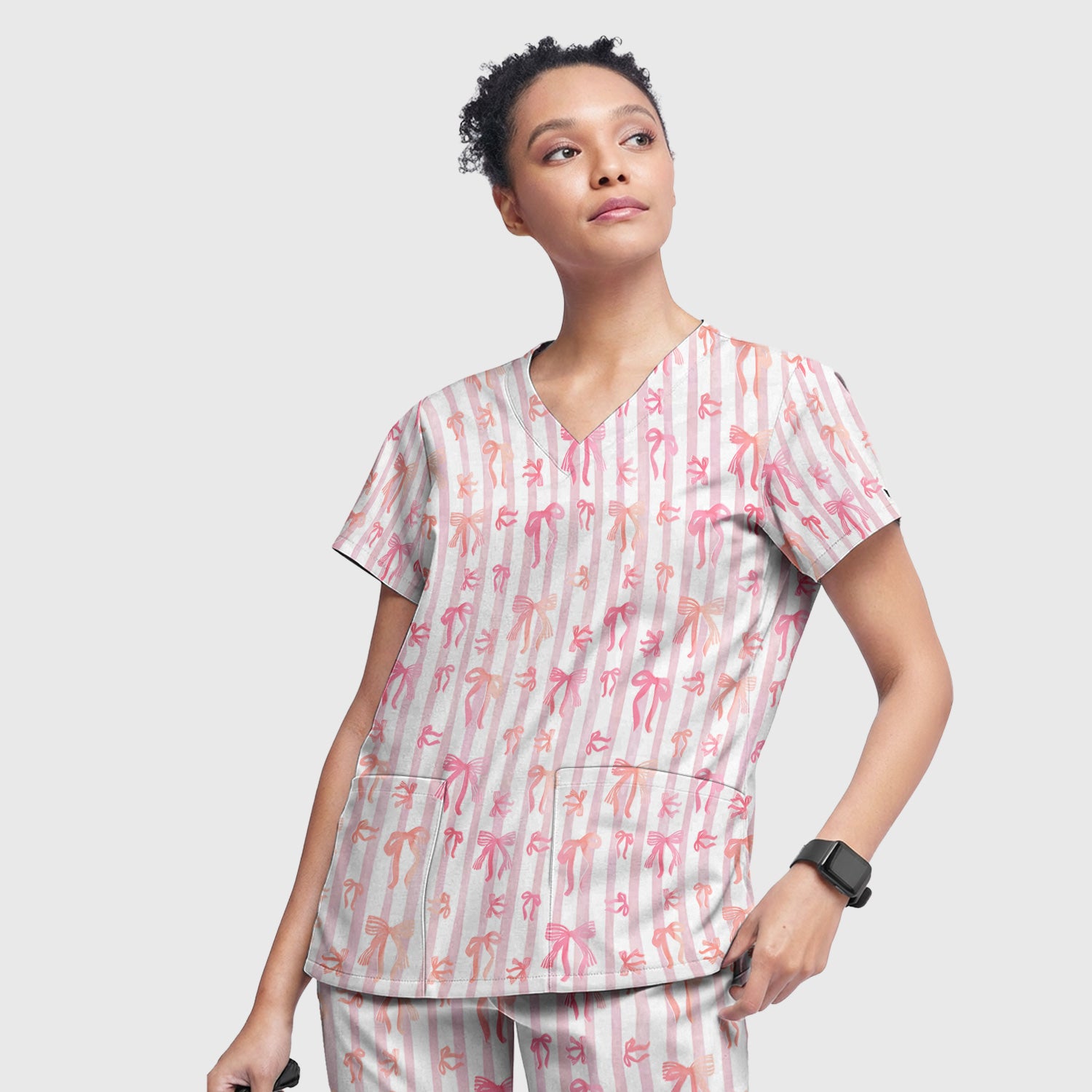 Pink Bow Stripe Pattern Print Scrub Set, Scrub Pants and V Neck Top
