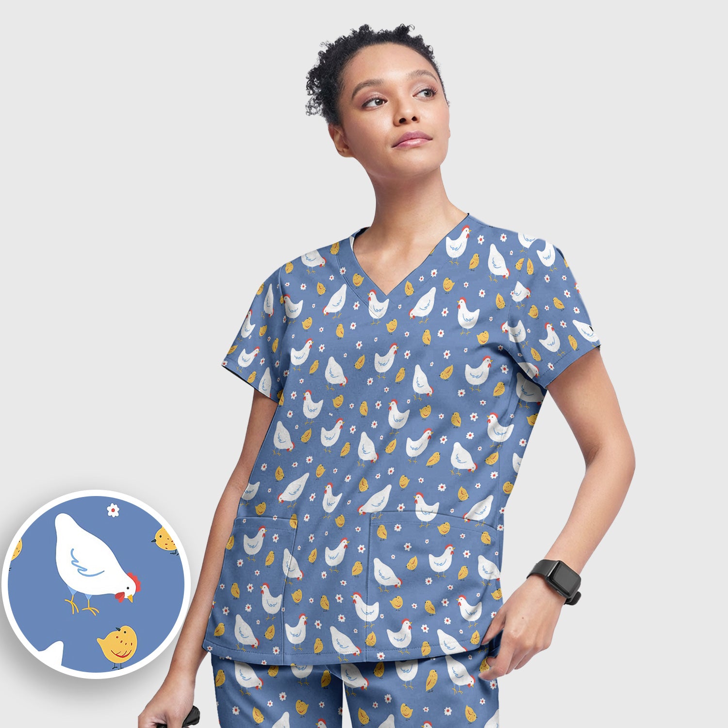 Chicken And Cute Chicks Pattern Scrubs Sets, Scrub Pants and V Neck Top