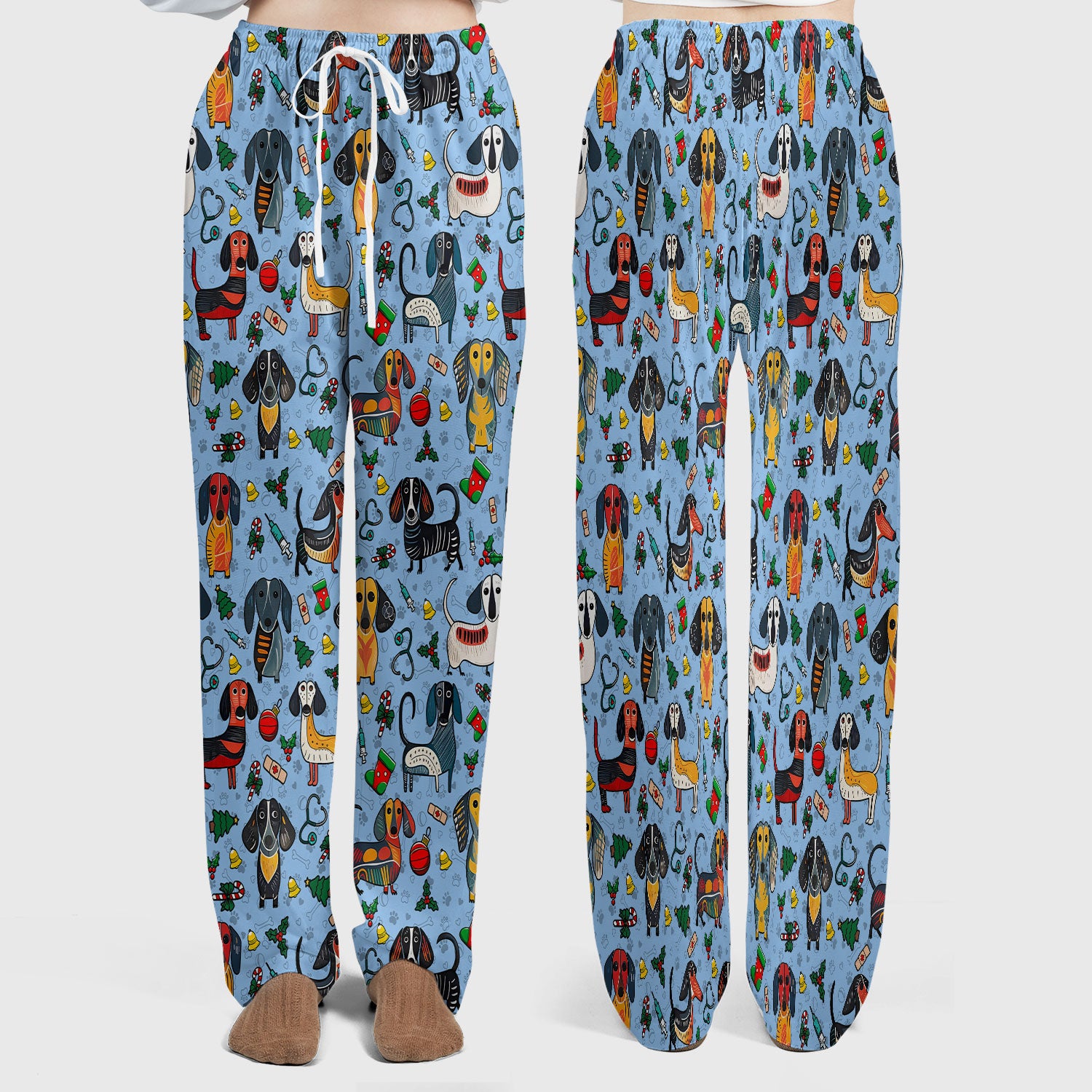 Christmas Wiener Dog Scrub Set - Funny Sausage Dog Pants and V Neck Top - Holiday Medical Uniform