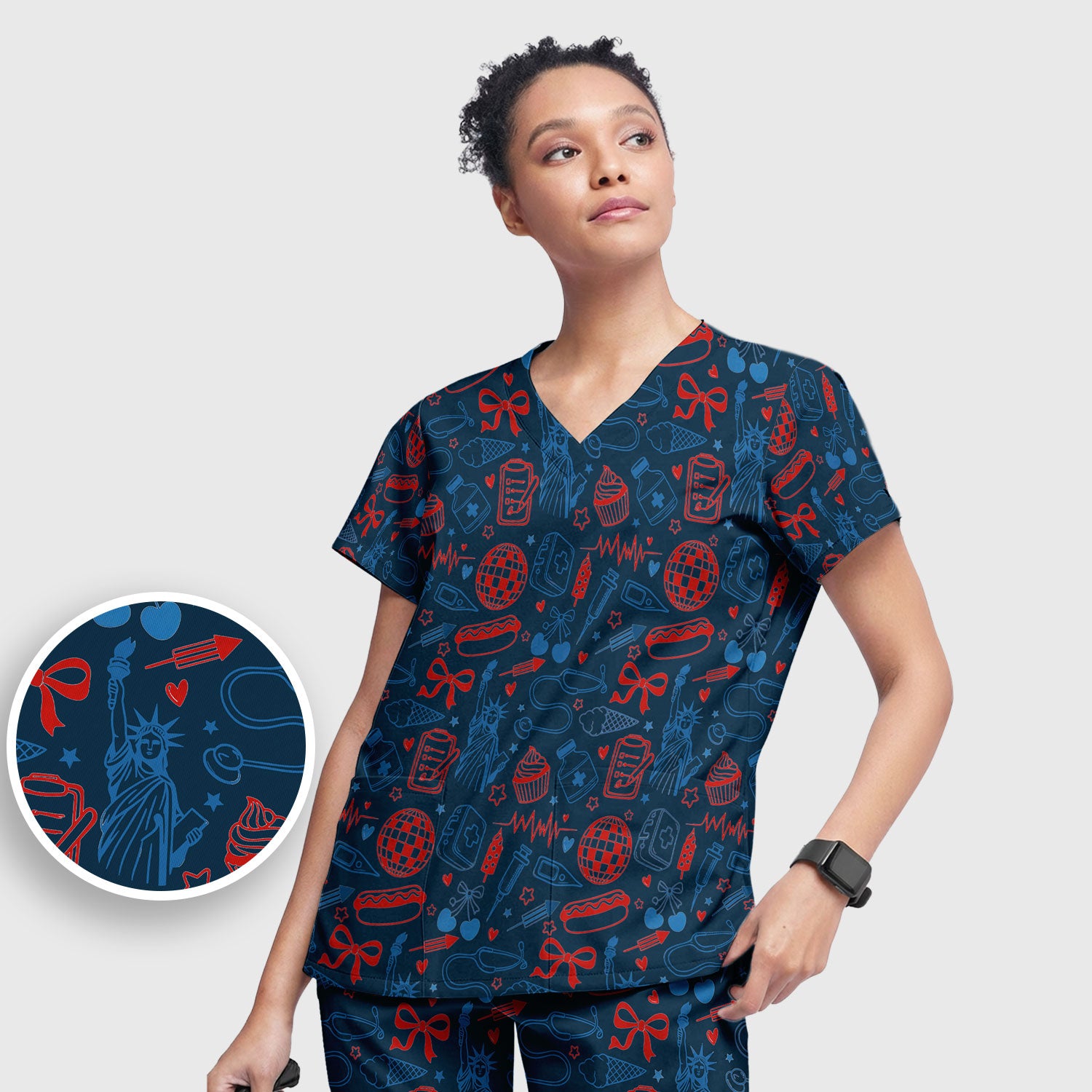 Patriotic Nurse Medical Icons Pattern Scrub Set, Scrub Pants and V Neck Top