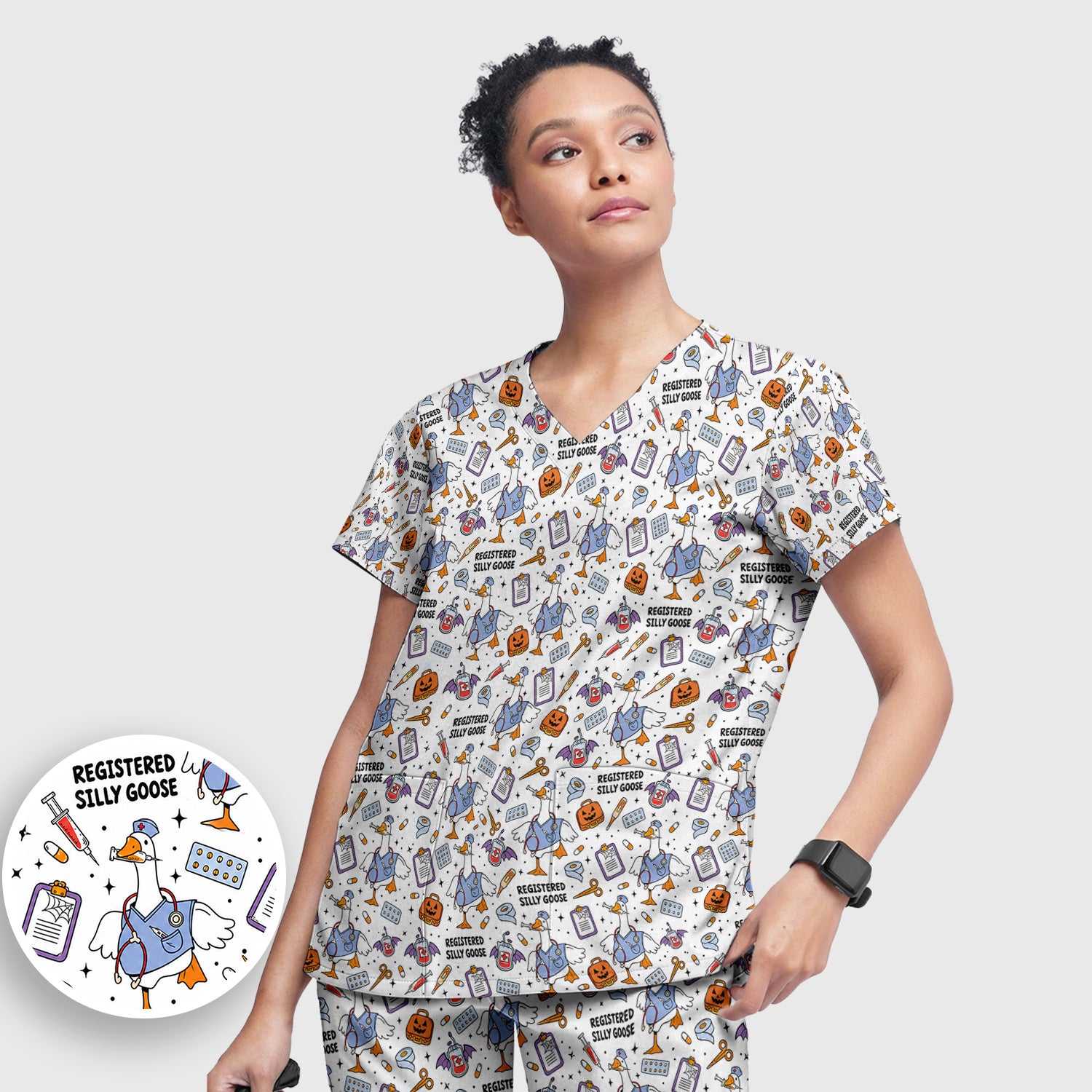 Funny Halloween Registered Silly Goose Scrub Set, Scrub Pants and V Neck Top