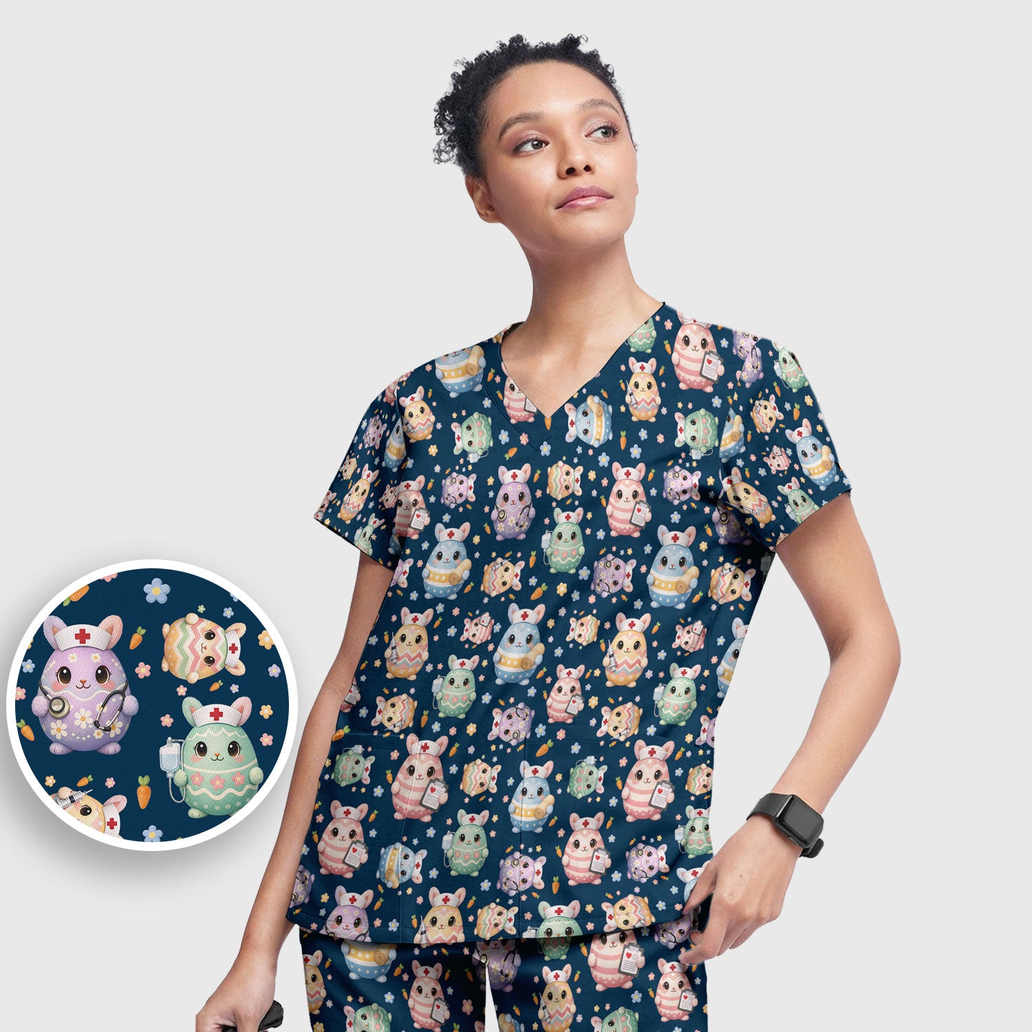Cute Nurse Bunny Pastel Floral Print Women's Scrub Sets,  Breathable Med Uniform