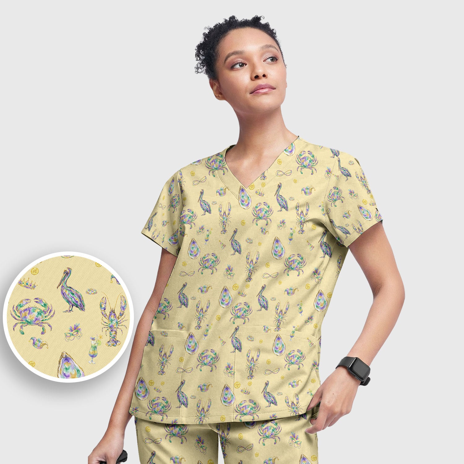 Mardi Gras Seafood Nurse Scrub Set, Comfortable Uniform Scrubs For Nursing