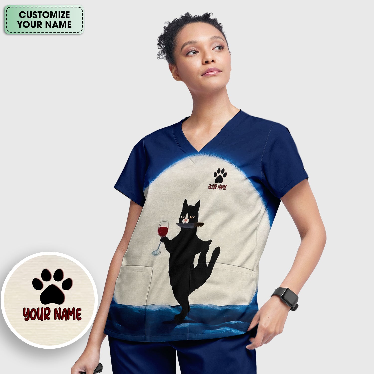 Personalized Funny Cat Holding Wine Glass Knife Pose Pattern Scrub Set, Scrub Pants and V Neck Top