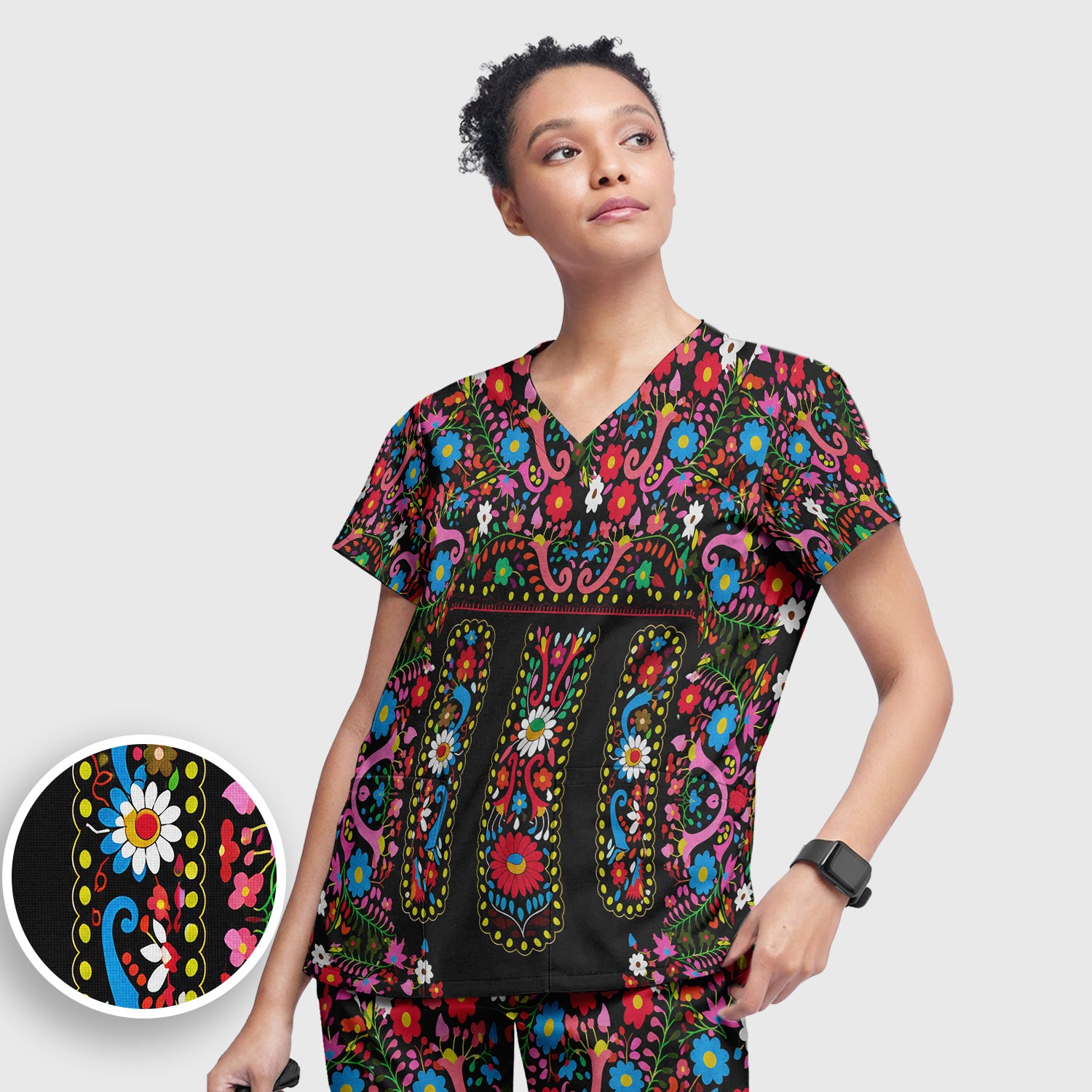 Colorful Folk Art Floral Pattern Scrub Set, Scrub Pants and V Neck Top