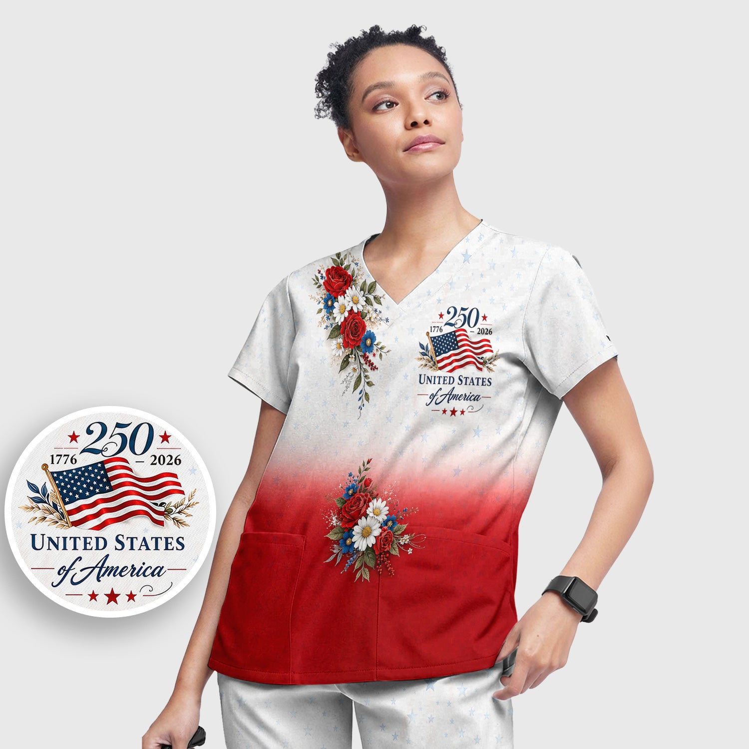 Patriotic 250th Flag Floral Pattern Scrub Set, Scrub Pants and V Neck Top