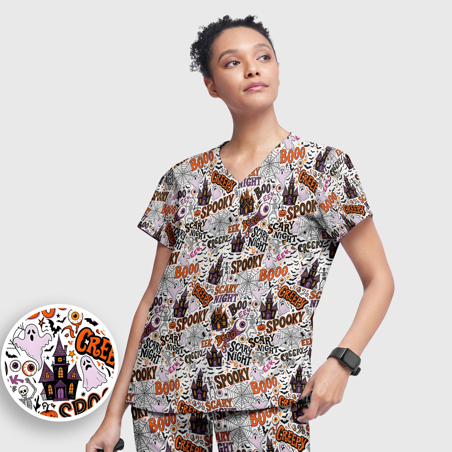 Spooky Halloween Haunted House Typography Scrub Set, Scrub Pants and V Neck Top