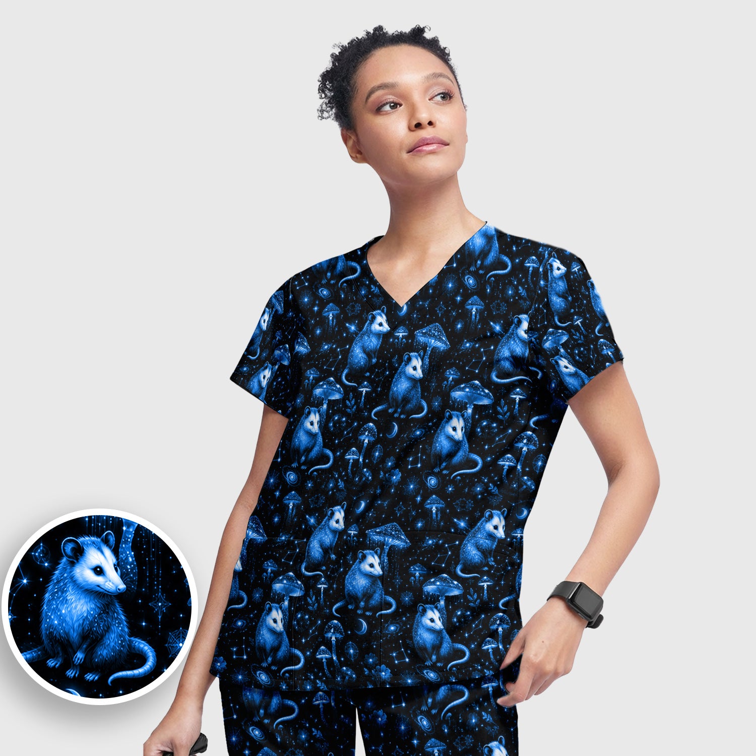 Celestial Blue Opossum With Mushroom Pattern Scrub Set, Scrub Pants and V Neck Top