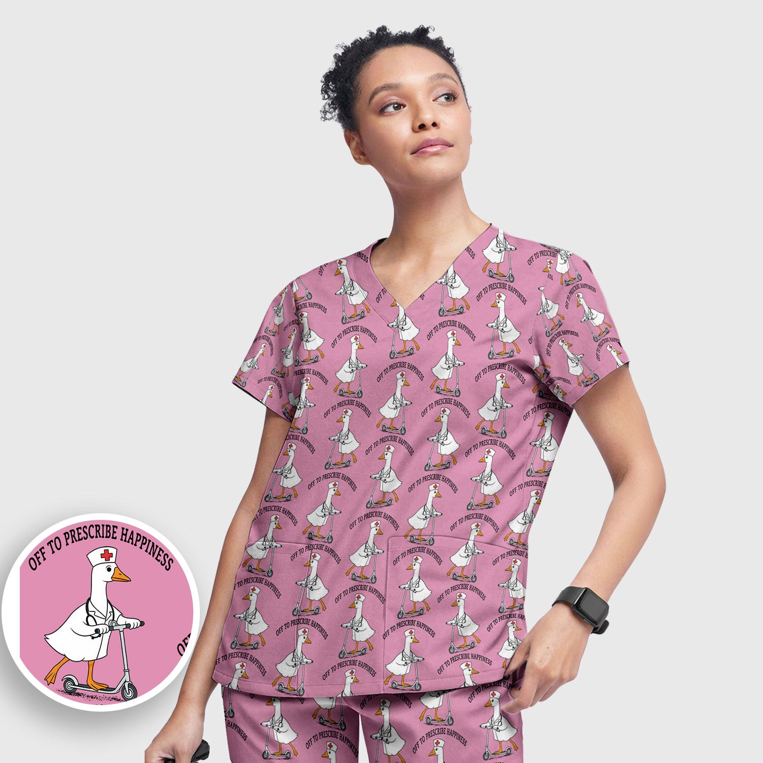 Nurse Goose Scooter Print Scrub Set, Breathable Med Uniform