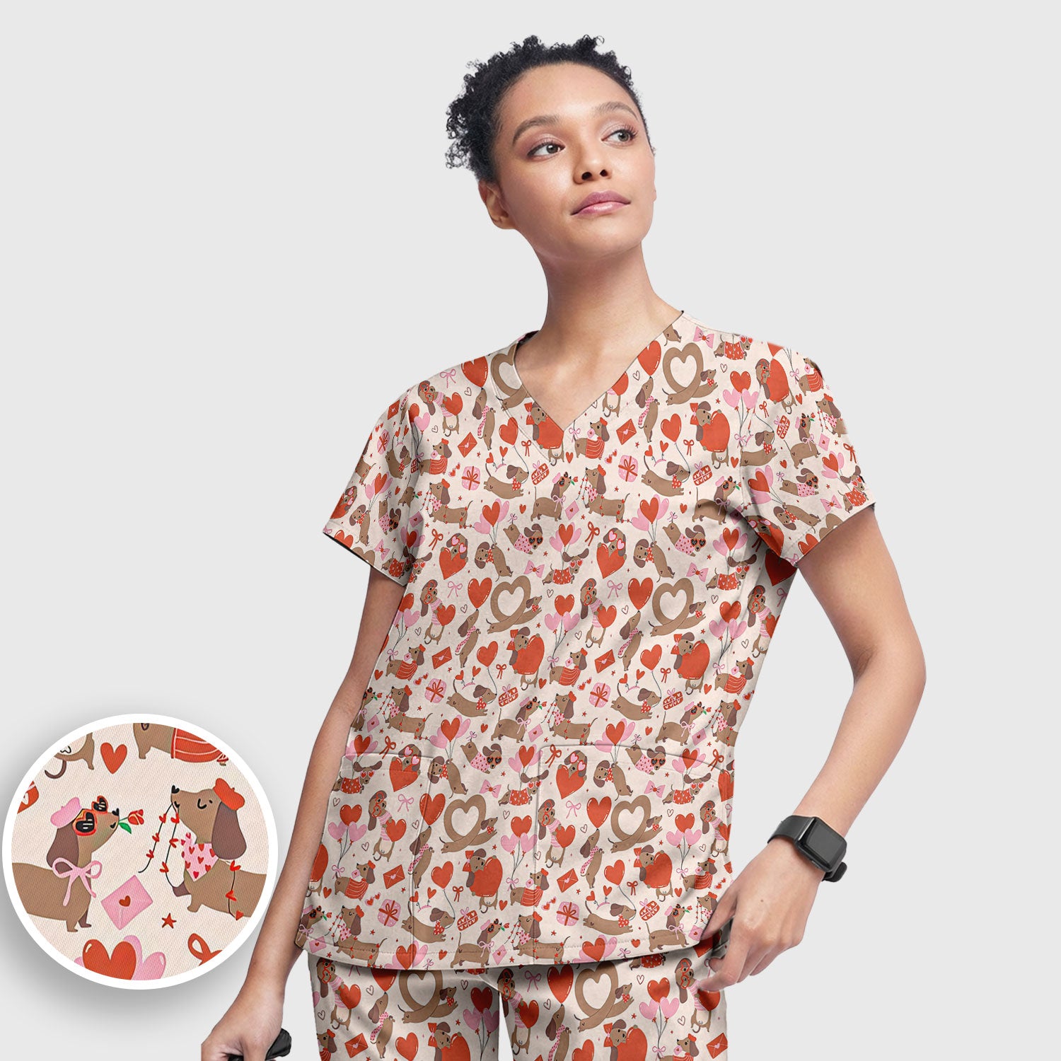 Cute Dachshund Valentine Medical Pattern Scrub Set, Scrub Pants and V Neck Top