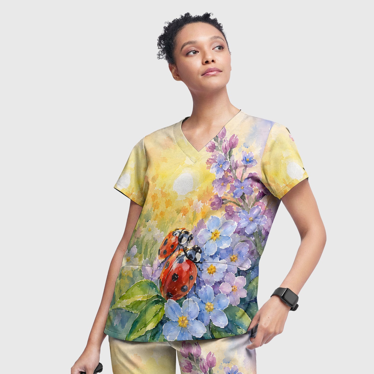 Ladybug Spring Flower Garden Print Scrub Set, Scrub Pants and V Neck Top