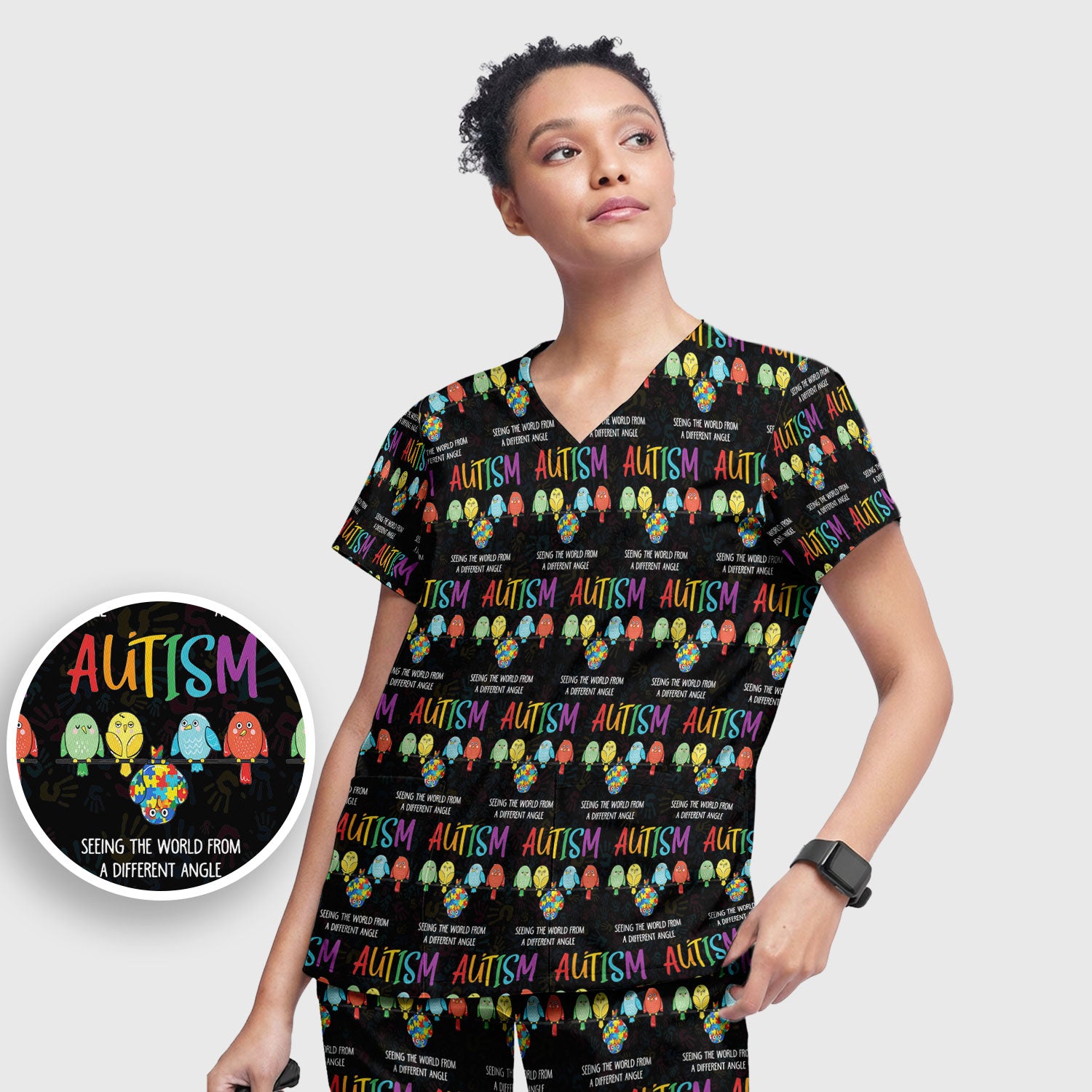 Autism Seeing The World From A Different Angle Birds Scrub Set, Breathable Med Uniform