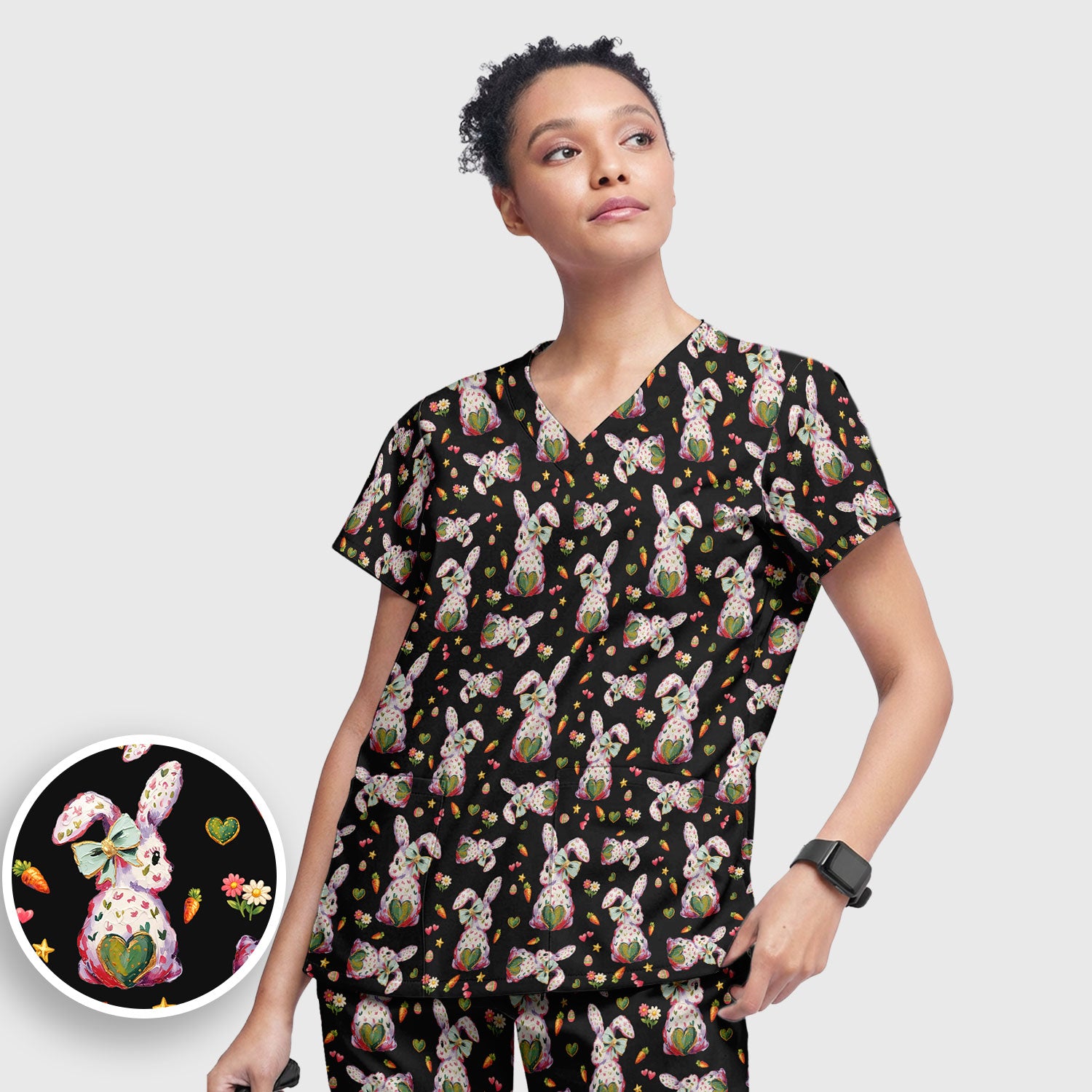 Cute Pastel Bunny Easter Pattern Scrub Set, Scrub Pants and V Neck Top