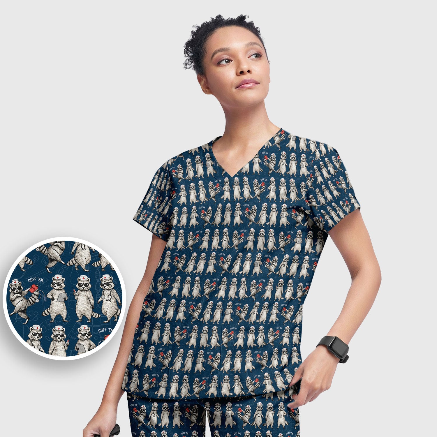 Funny Raccoon Nurse Pattern Scrub Set, Scrub Pants and V Neck Top