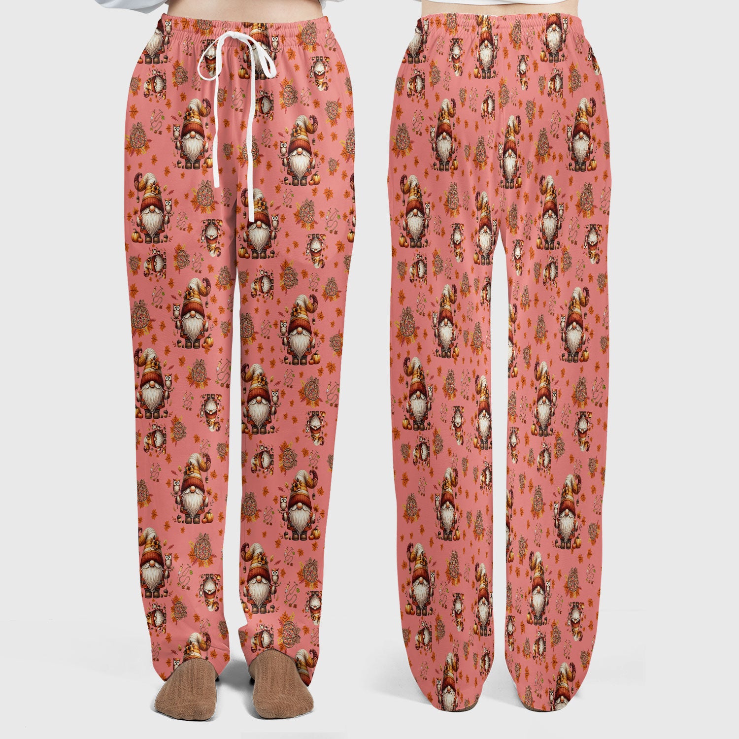 Fall Gnome Women's Scrub Sets - Autumn Leaves Pumpkin Scrub Pants and V Neck Top - Thanksgiving Nursing Uniform