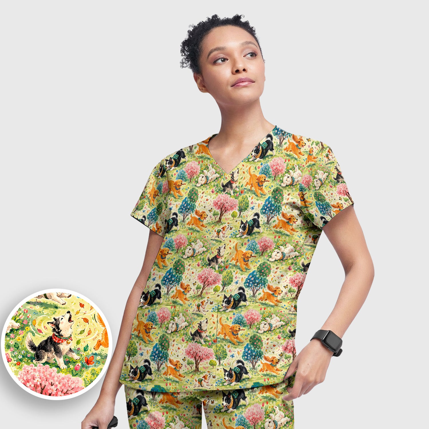 Playful Spring Garden Dogs Pattern Scrub Set, Scrub Pants and V Neck Top