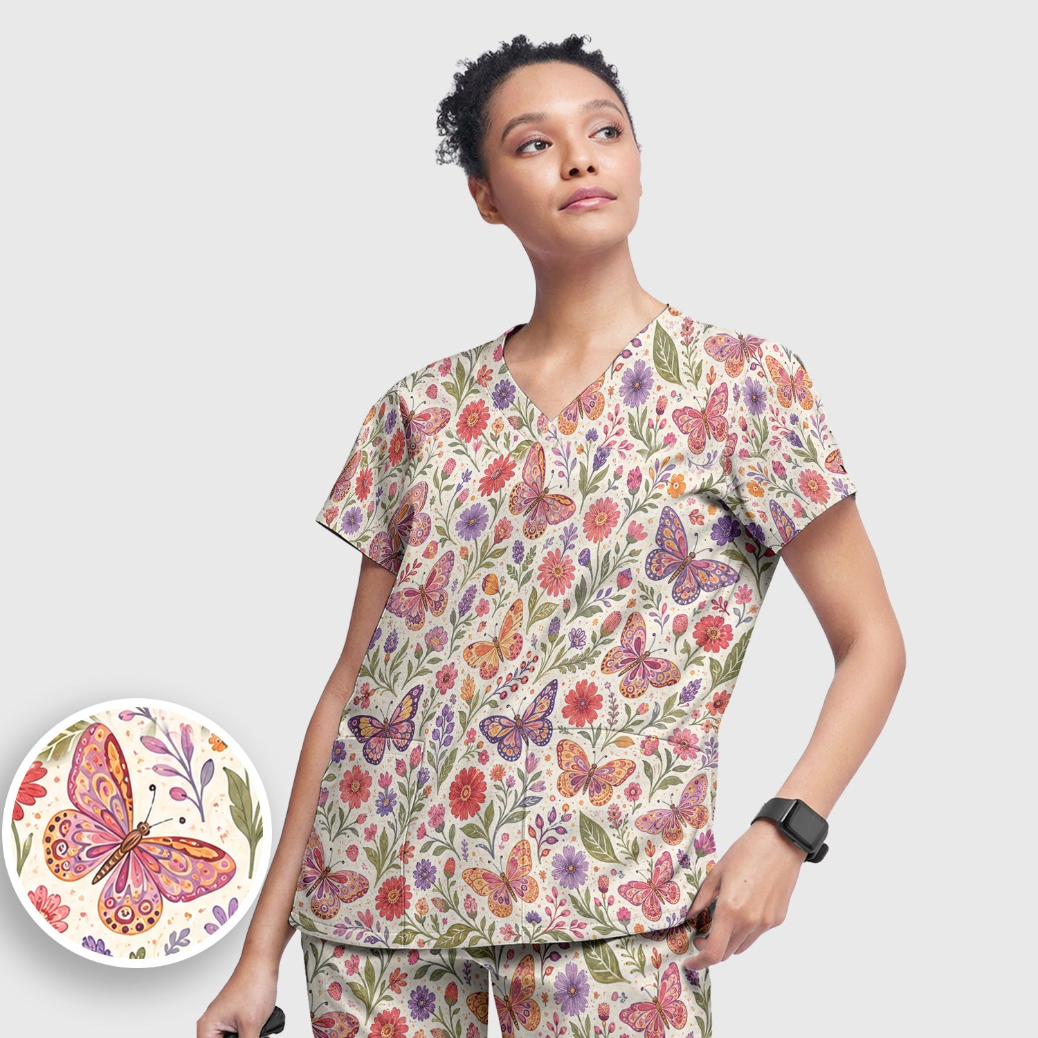 Floral Butterfly Pediatric Nurse Pattern Scrub Set, Scrub Pants and V Neck Top