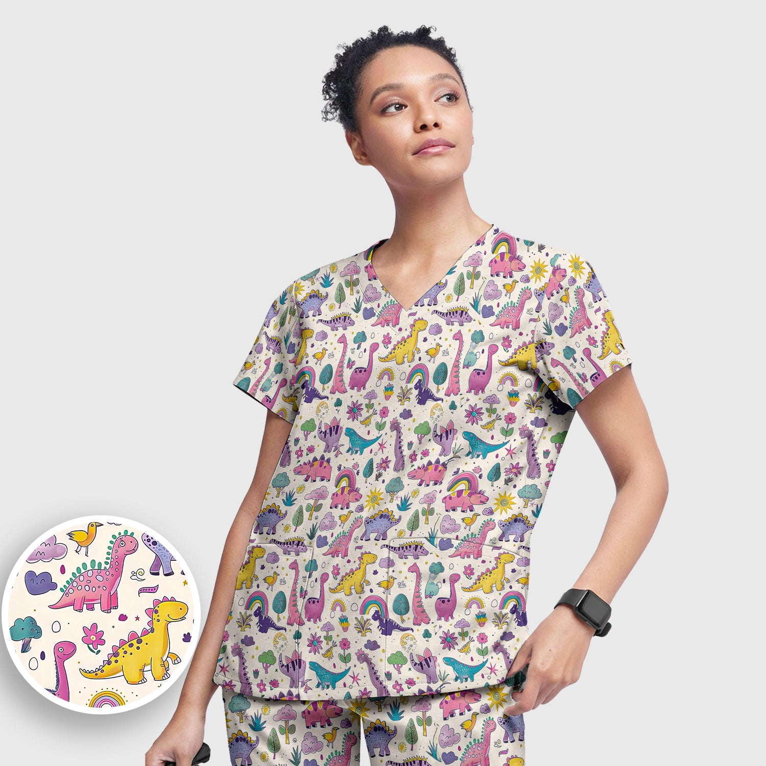 Cute Dinosaur Rainbow Pattern Scrub Set, Scrub Pants and V Neck Top