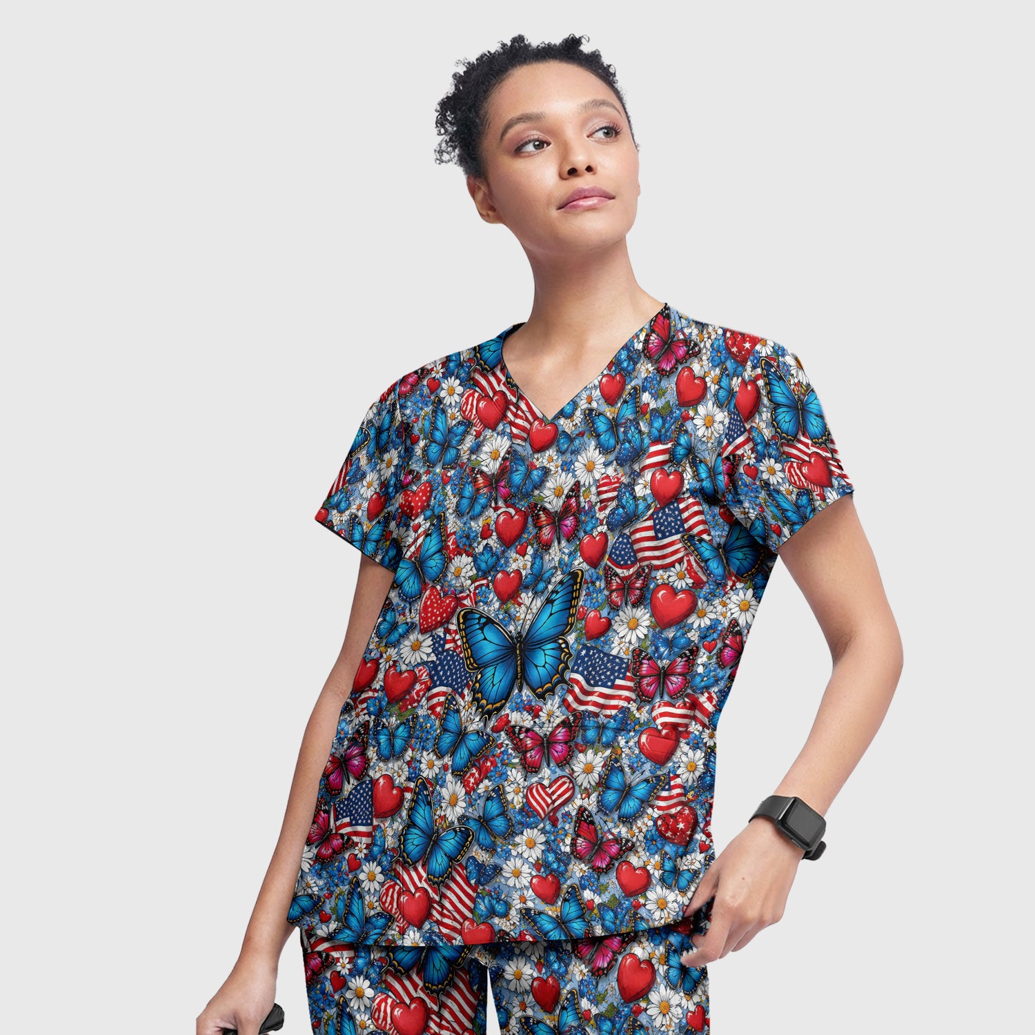 Festive Patriotic Butterfly Heart Floral Pattern Scrub Set, Scrub Pants and V Neck Top