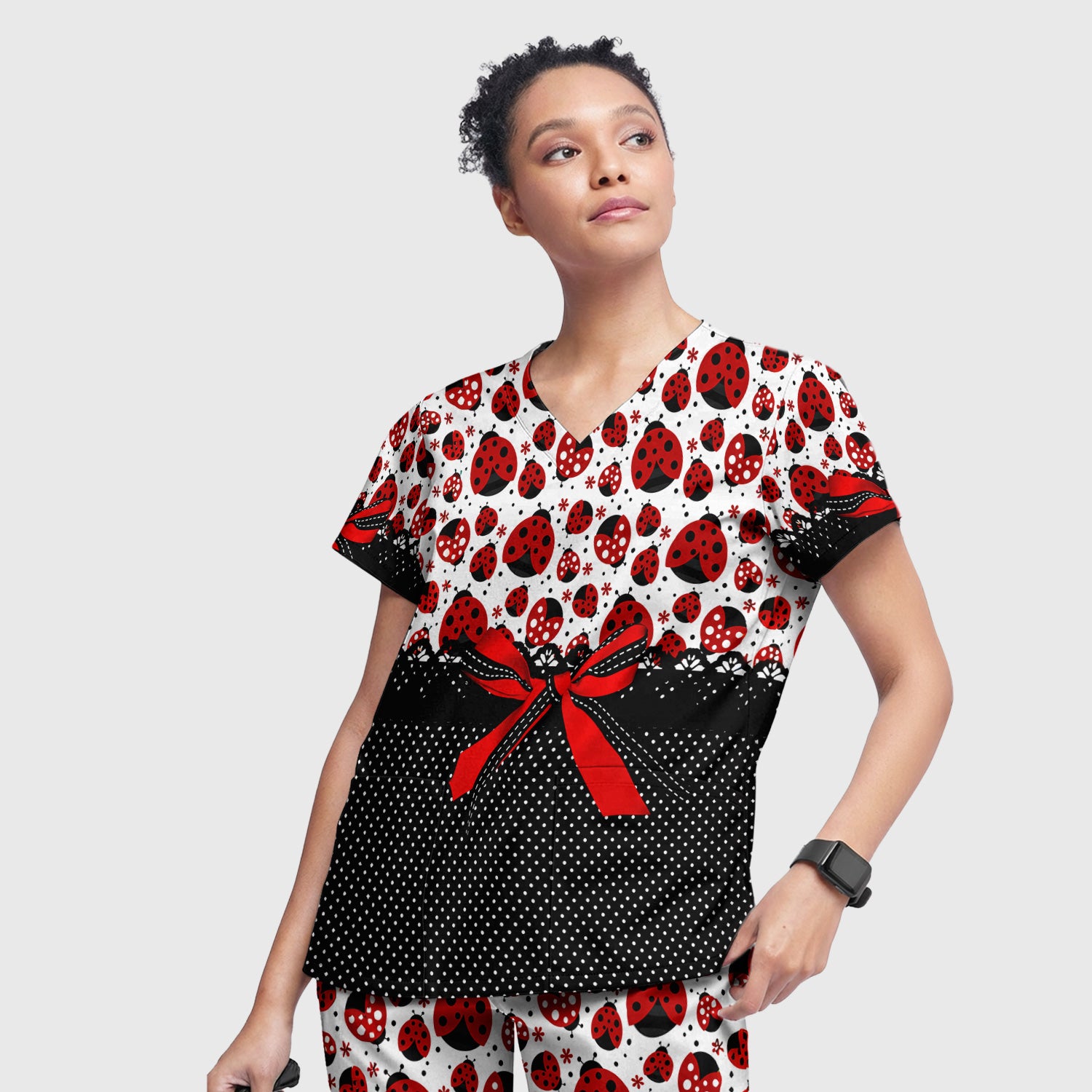 Cute Ladybug Red Ribbon Polka Pattern Scrub Set, Scrub Pants and V Neck Top