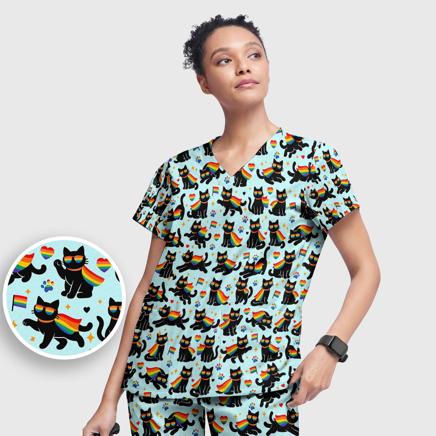 Rainbow Black Cat Pride Pattern Scrub Set, Breathable Med Uniform