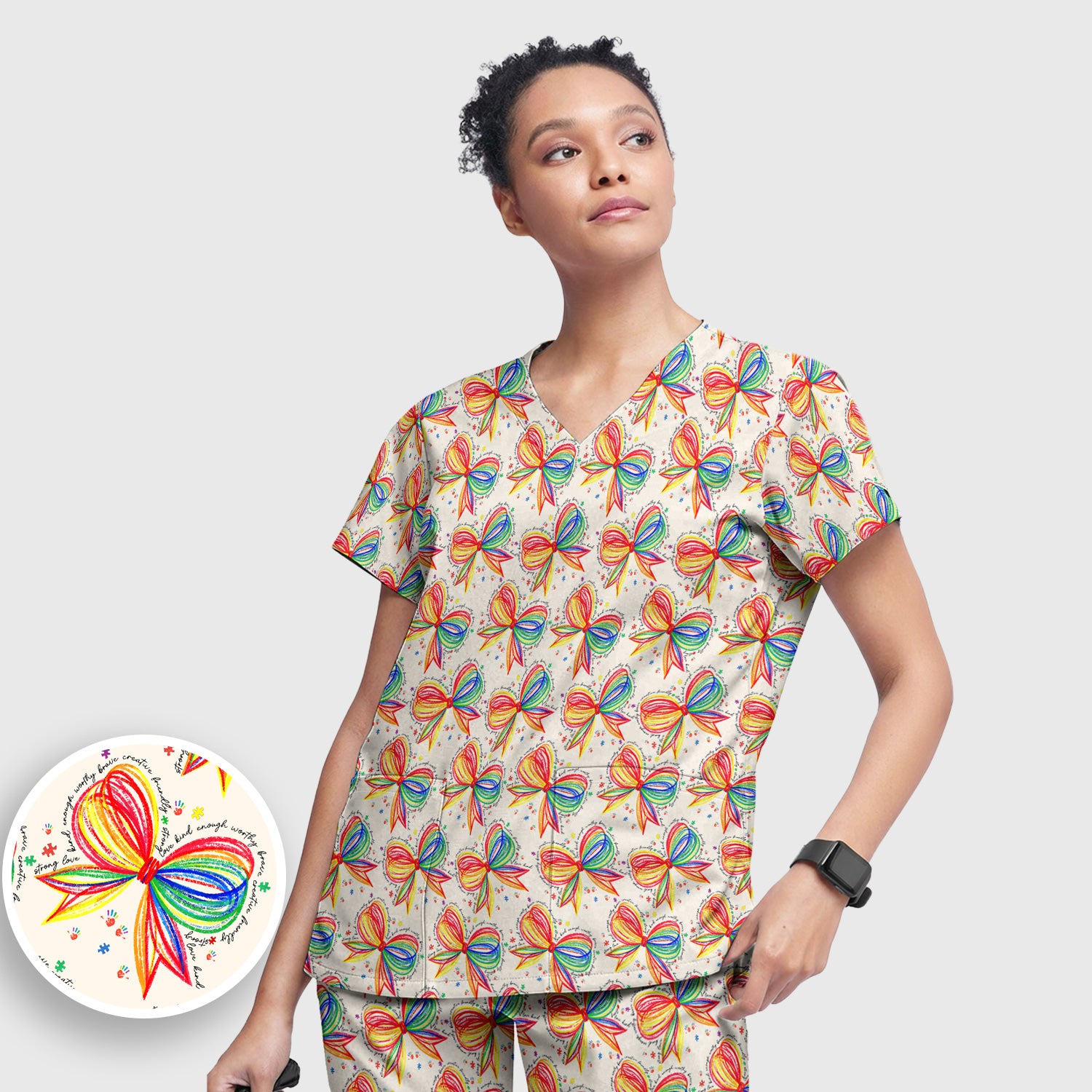 Colorful Rainbow Bow Pattern Scrub Set, Scrub Pants and V Neck Top