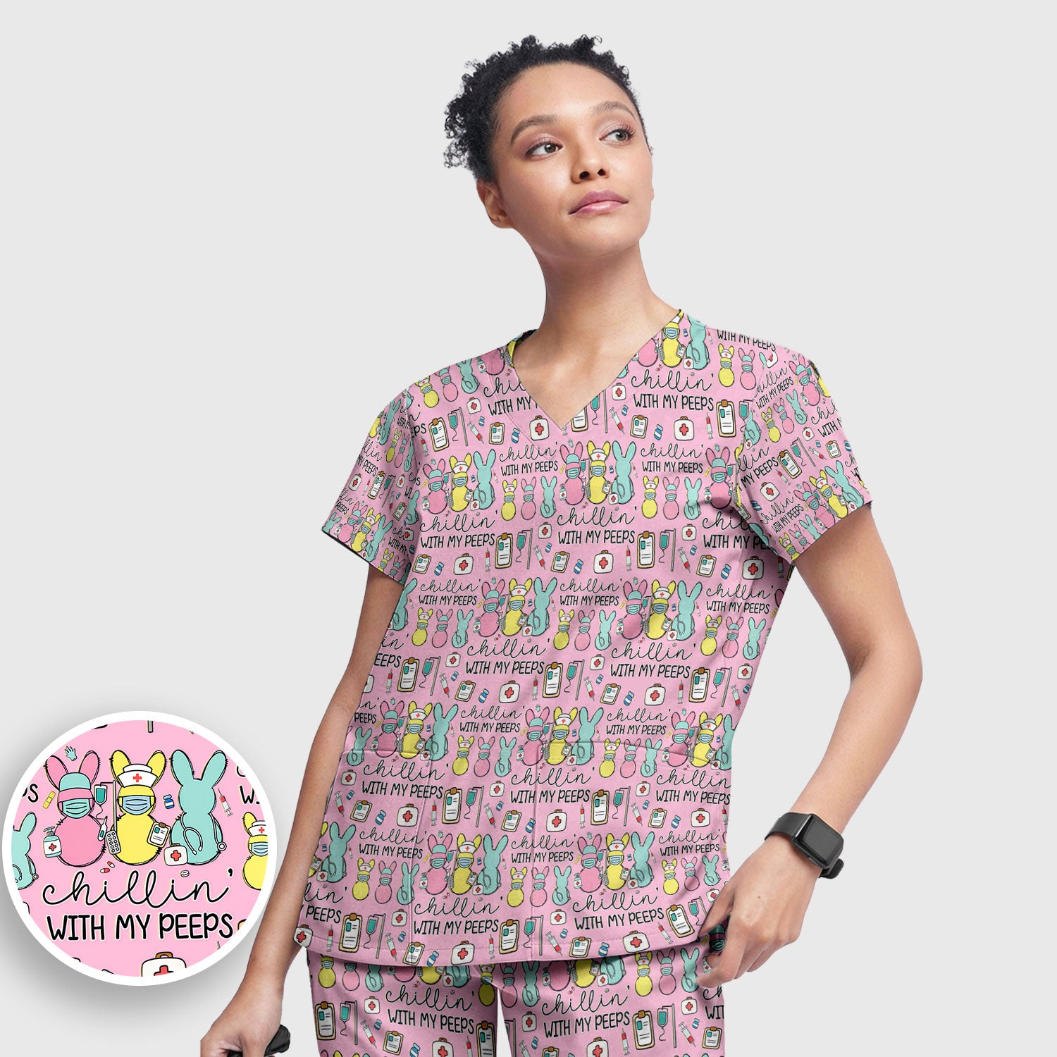 Cute Bunny Nurse Chillin With My Peeps Scrub, Women's Scrub Sets