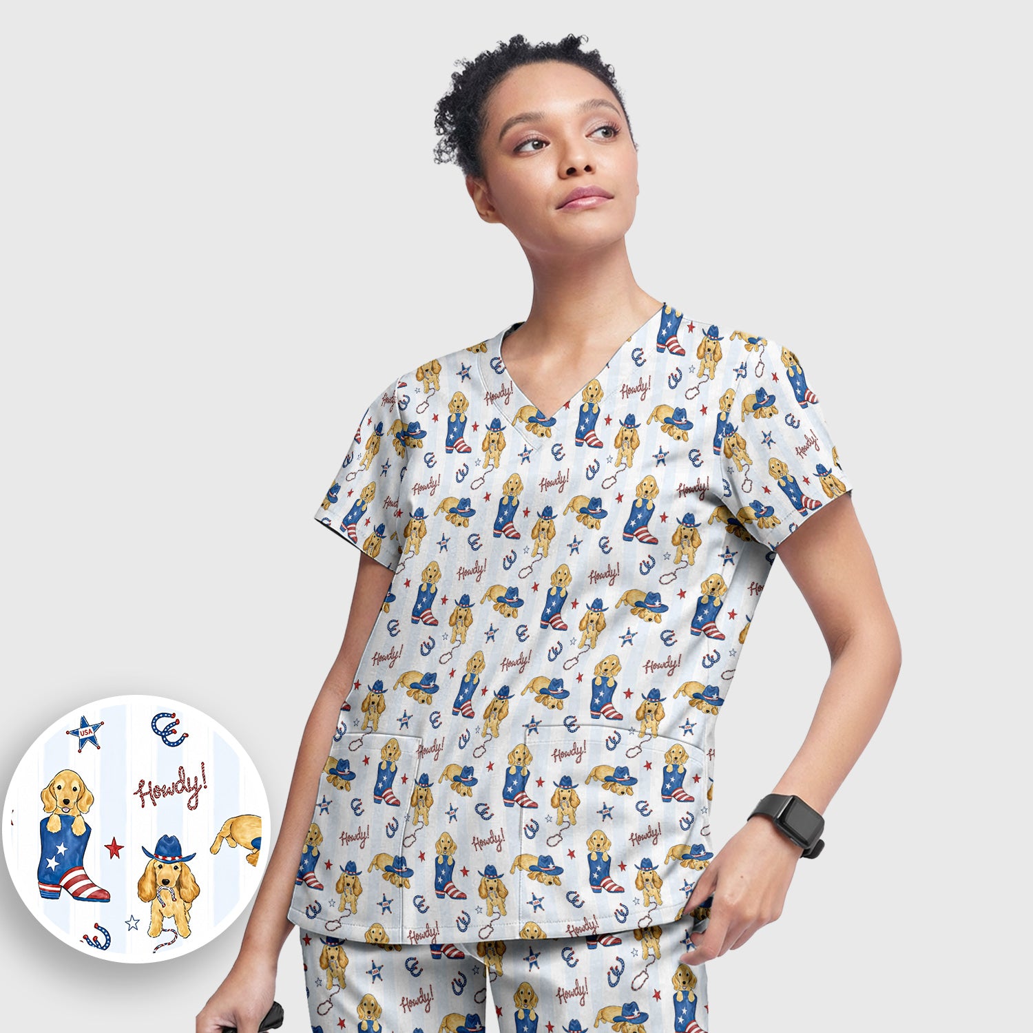 Patriotic Howdy Golden Dog Western Pattern Scrub Set, Scrub Pants and V Neck Top
