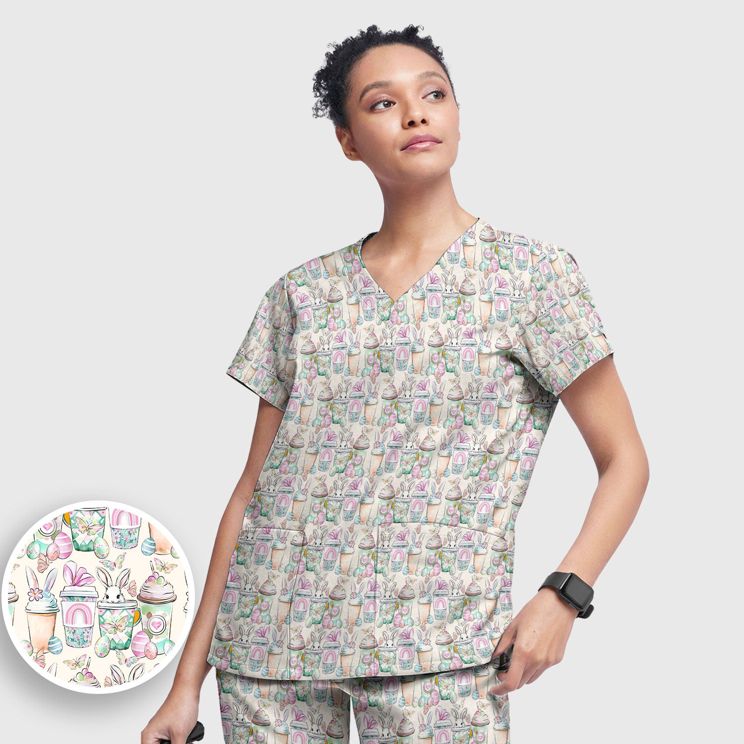 Cute Easter Bunny Coffee Cup Pattern Scrub Sets, Scrub Pants and V Neck Top