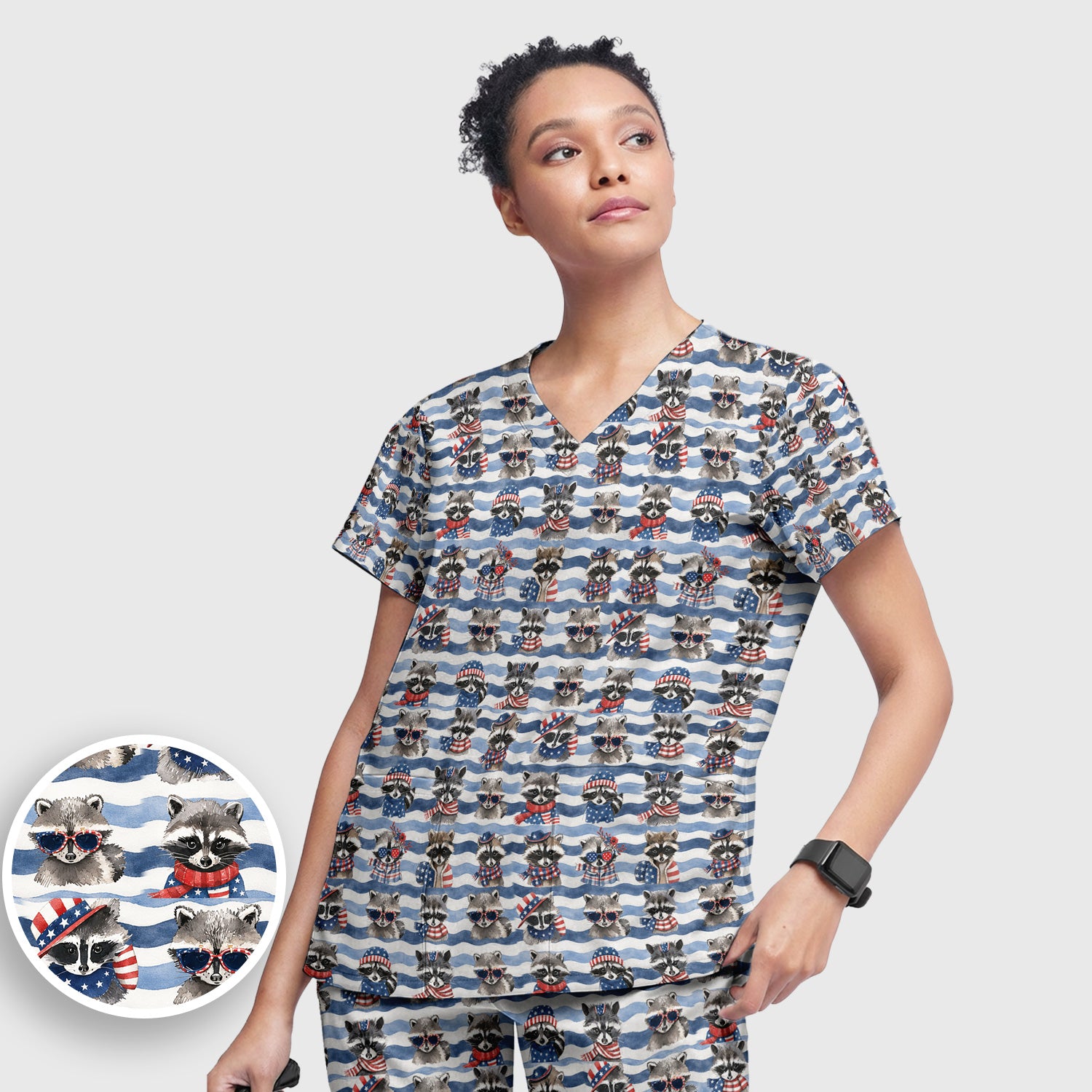 Patriotic Raccoon Watercolor Stripe Pattern Scrub Set, Scrub Pants and V Neck Top