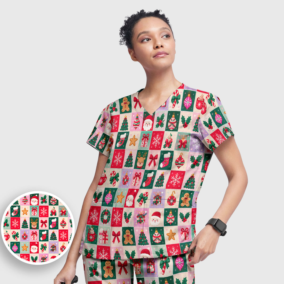 Cute Christmas Santa Patchwork Scrub Set, Scrub Pants and V Neck Top