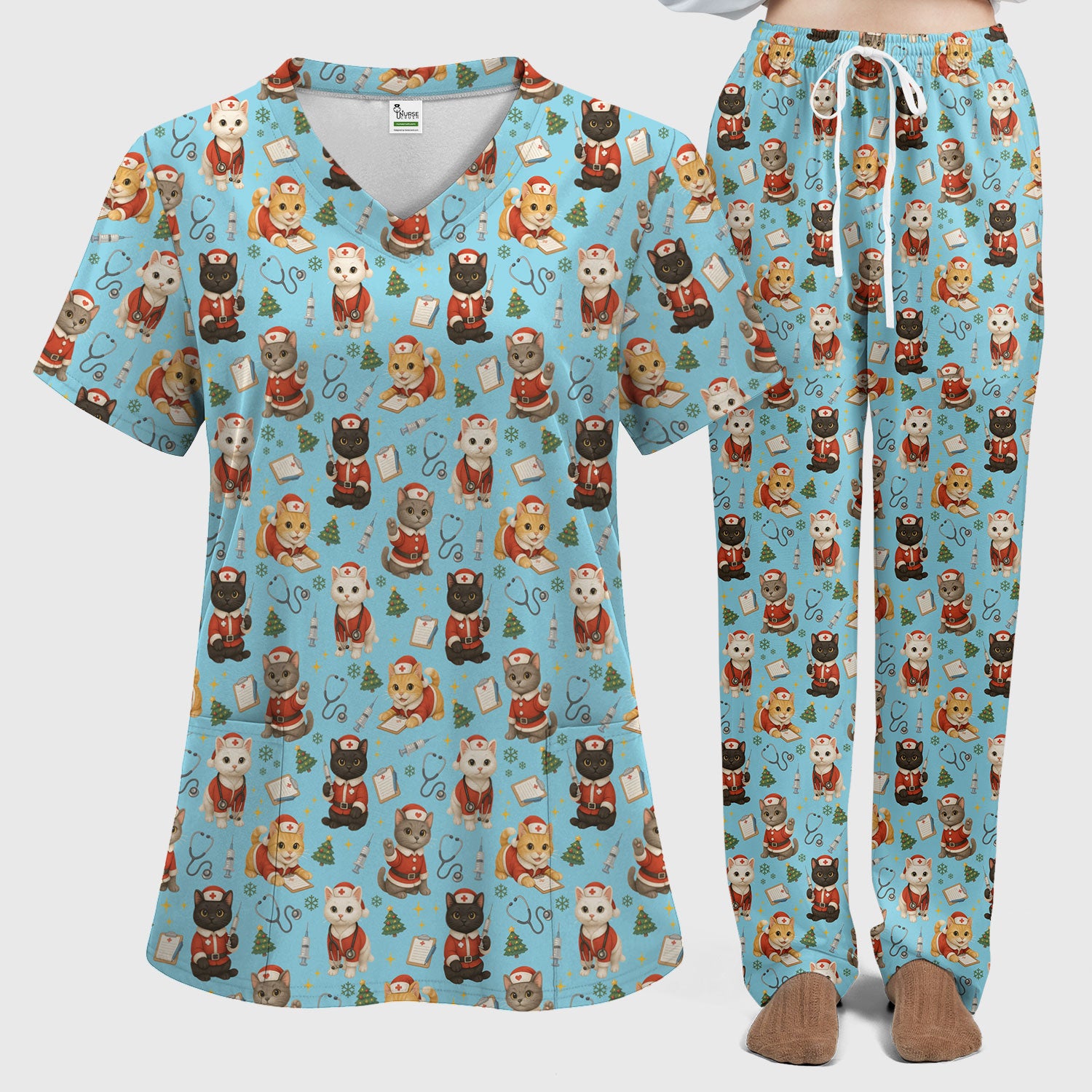Christmas Nurse Scrub Set for Women - Cute Dog Cat Pattern Scrub Top and Pants - Funny Holiday Nursing Outfit Gift for RN LPN CNA