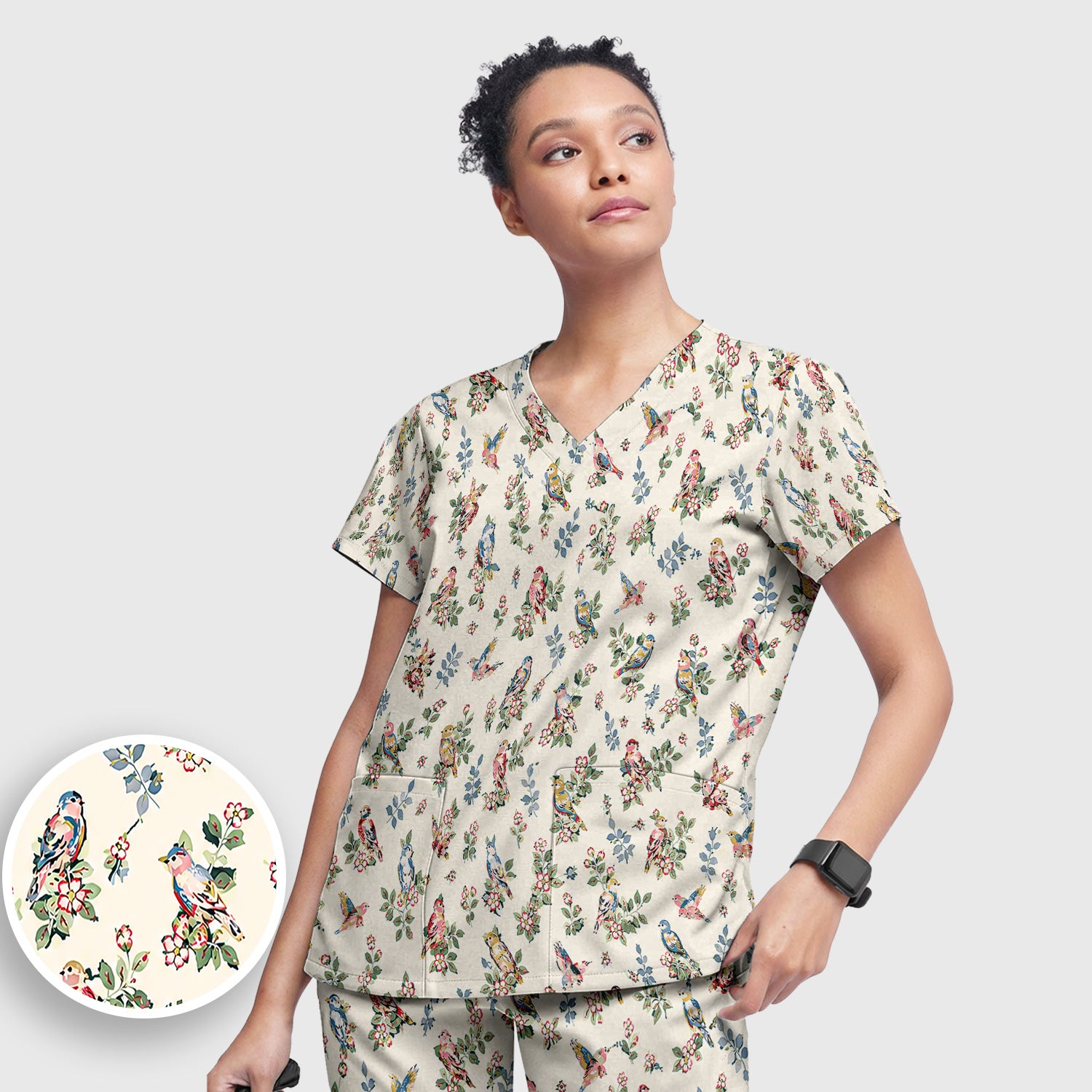 Cute Vintage Birds Blossom Pattern Scrub Set, Scrub Pants and V Neck Top