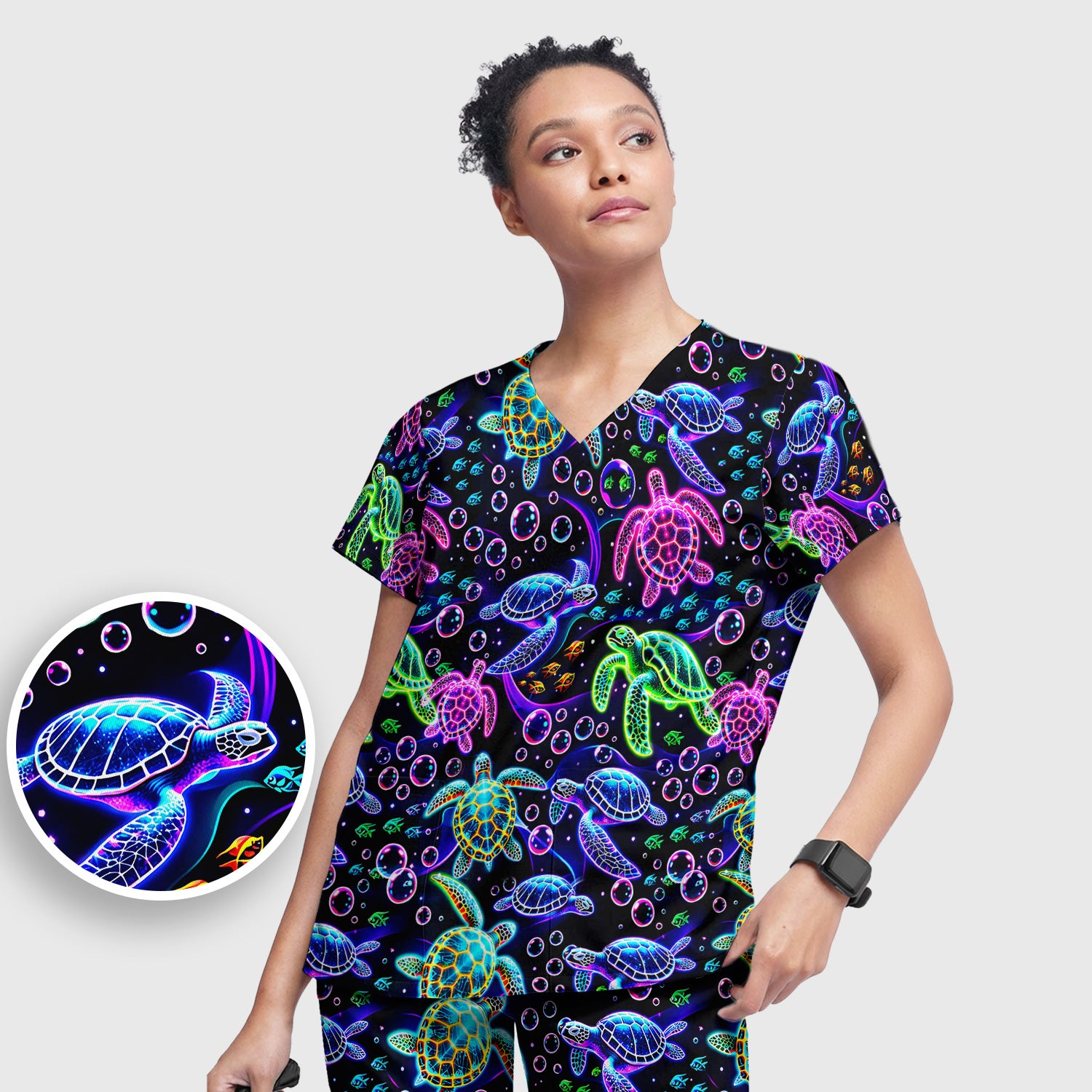 Neon Sea Turtle Swimming Bubble Ocean Scrub Set, Scrub Pants and V Neck Top