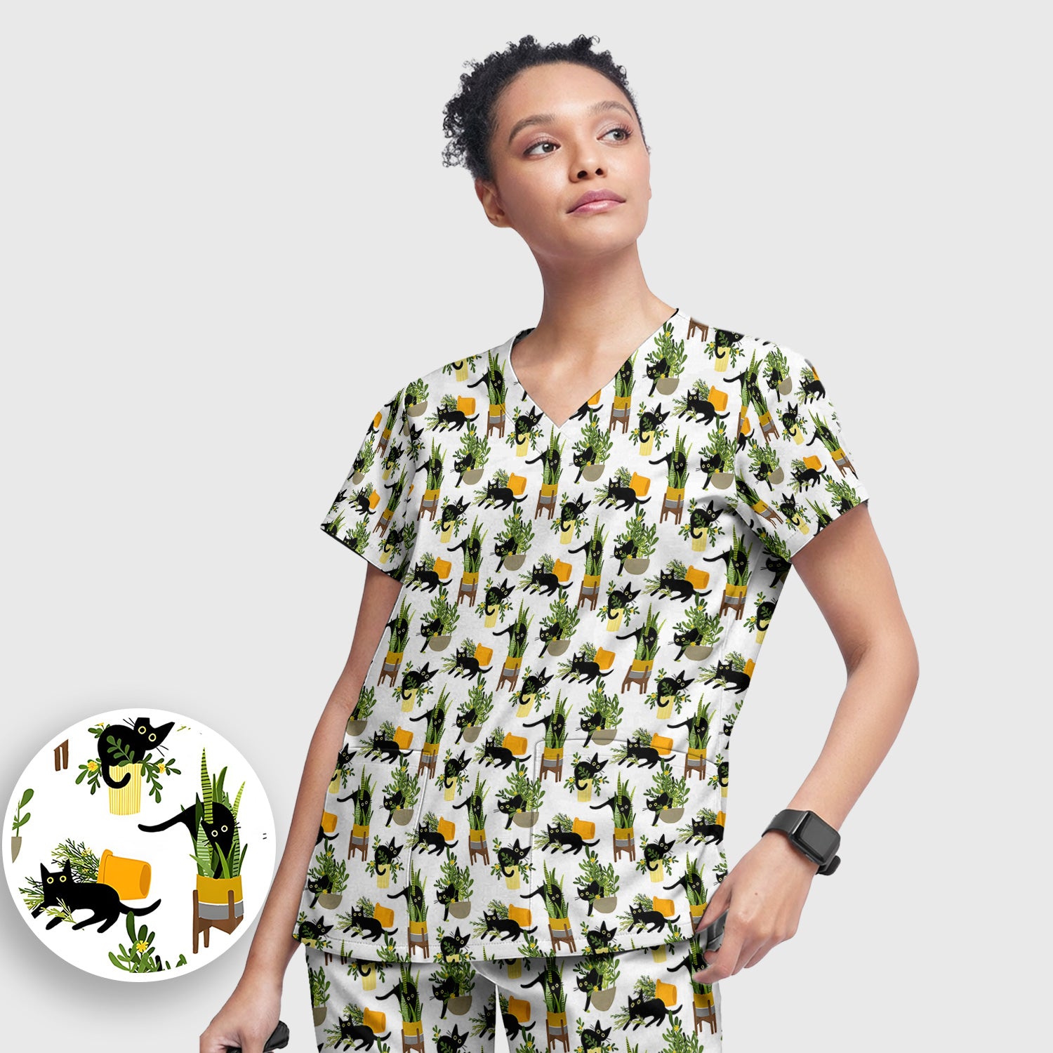 Black Cat Plant Pots Pattern Scrub Set, Scrub Pants and V Neck Top
