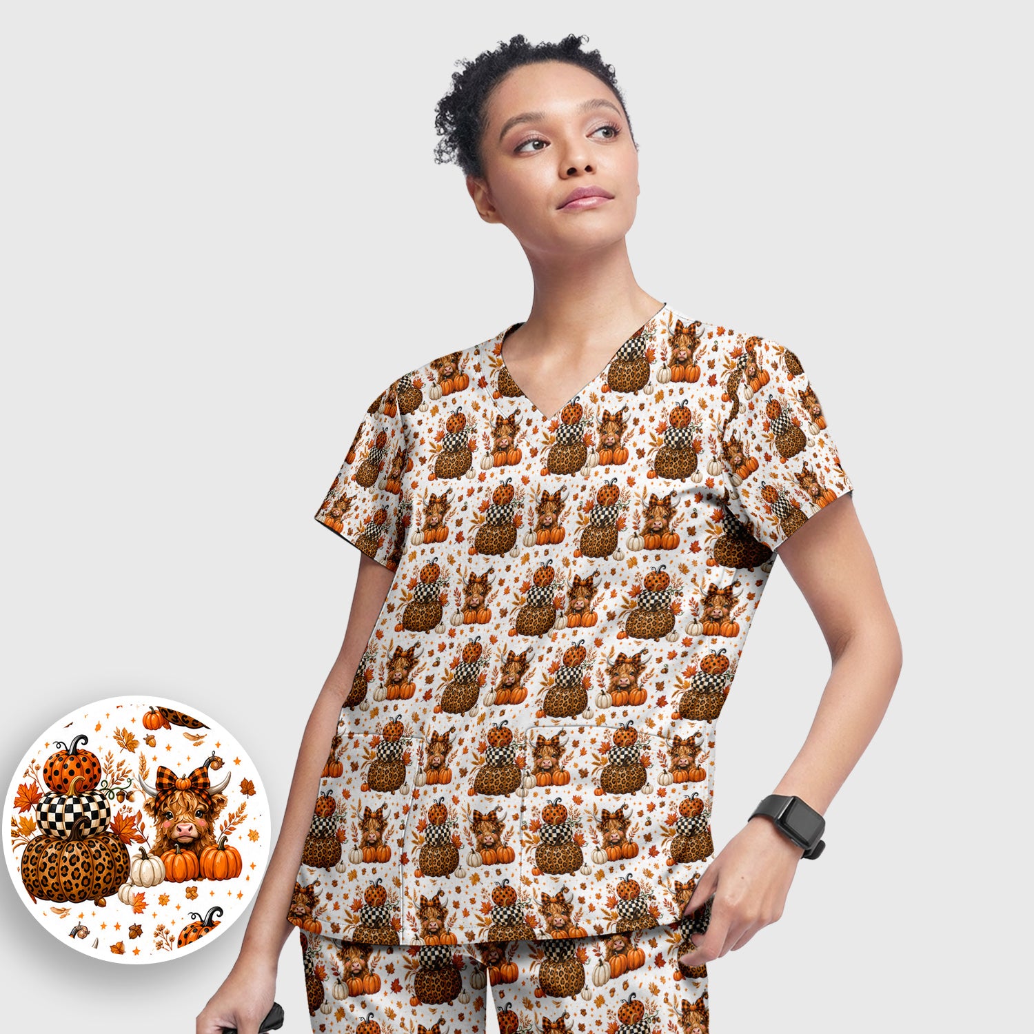 Fall Highland Cow Pattern Scrub Set, Scrub Pants and V Neck Top