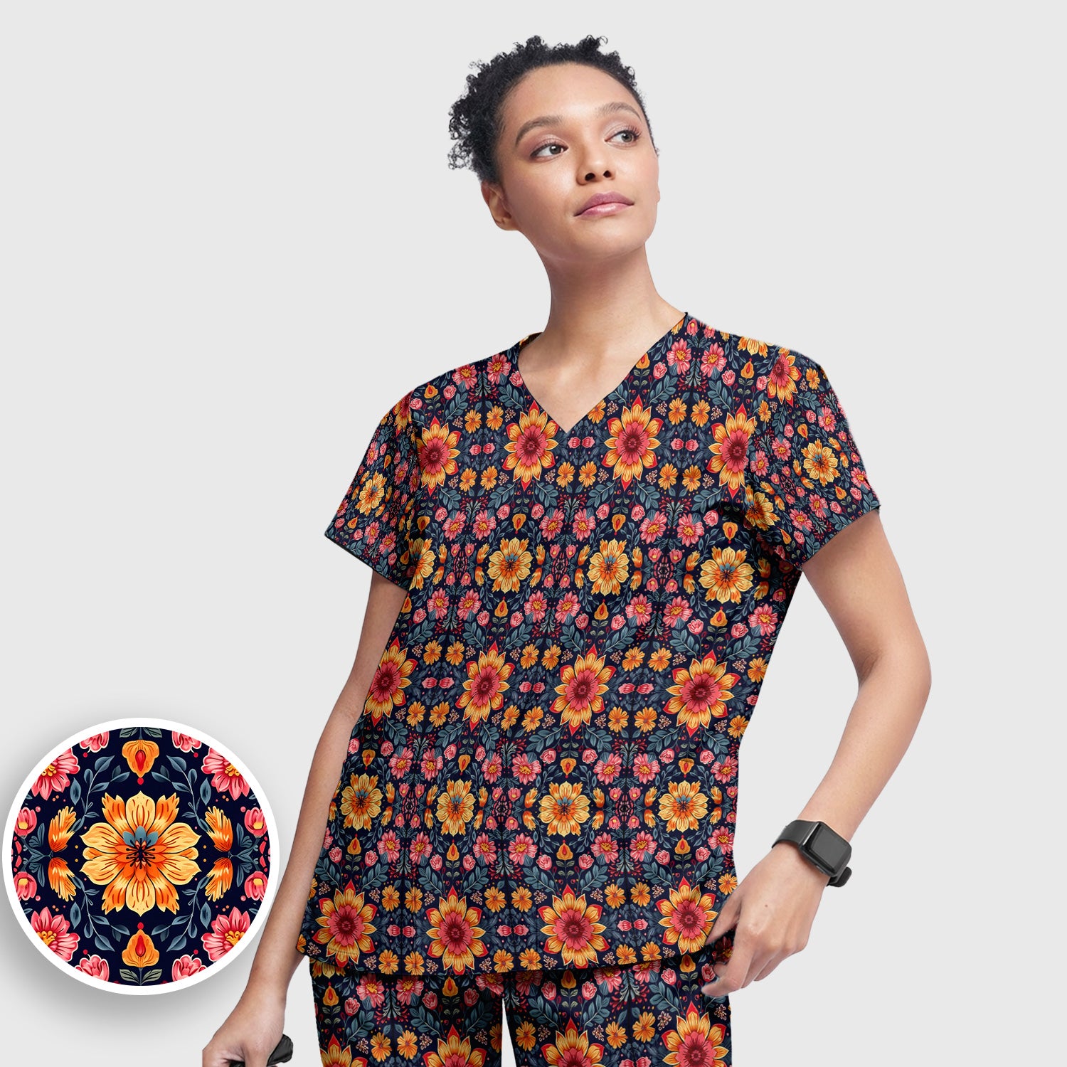 Elegant Dark Floral Pattern Scrub Set, Scrub Pants and V Neck Top