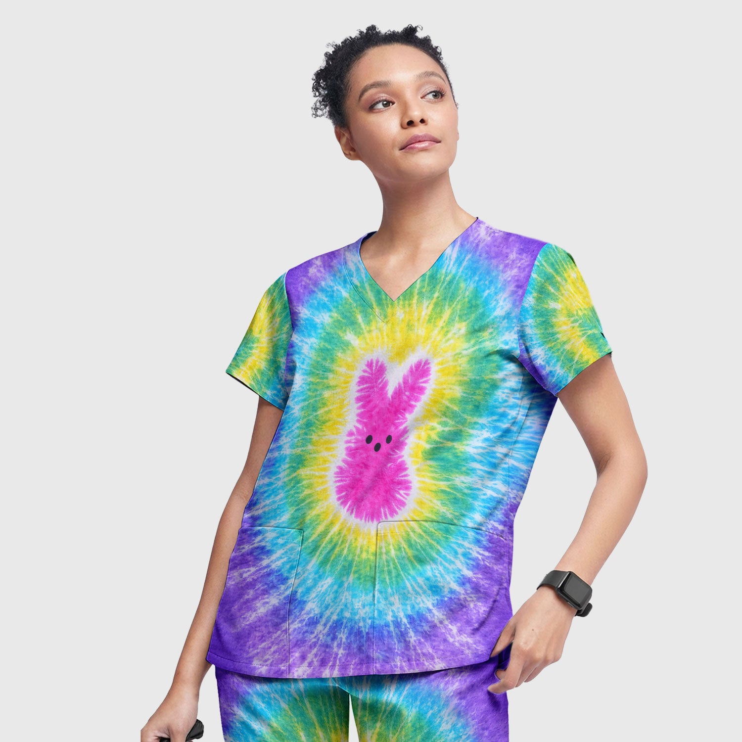 Easter Peep Tie Dye Scrub Set, Easter Bunny Nurse Shirt For Women, Breathable Fabrics Nursing Uniform