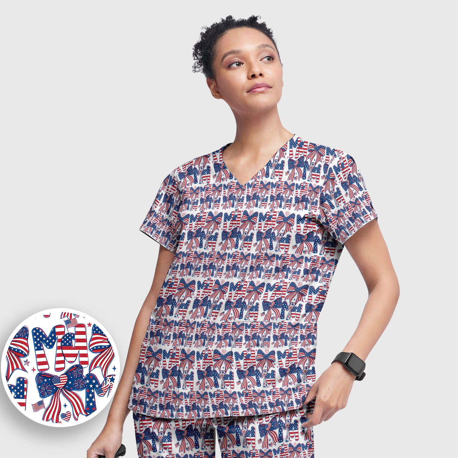American Flag MaMa Bow Pattern Scrub Set, Breathable Med Uniform
