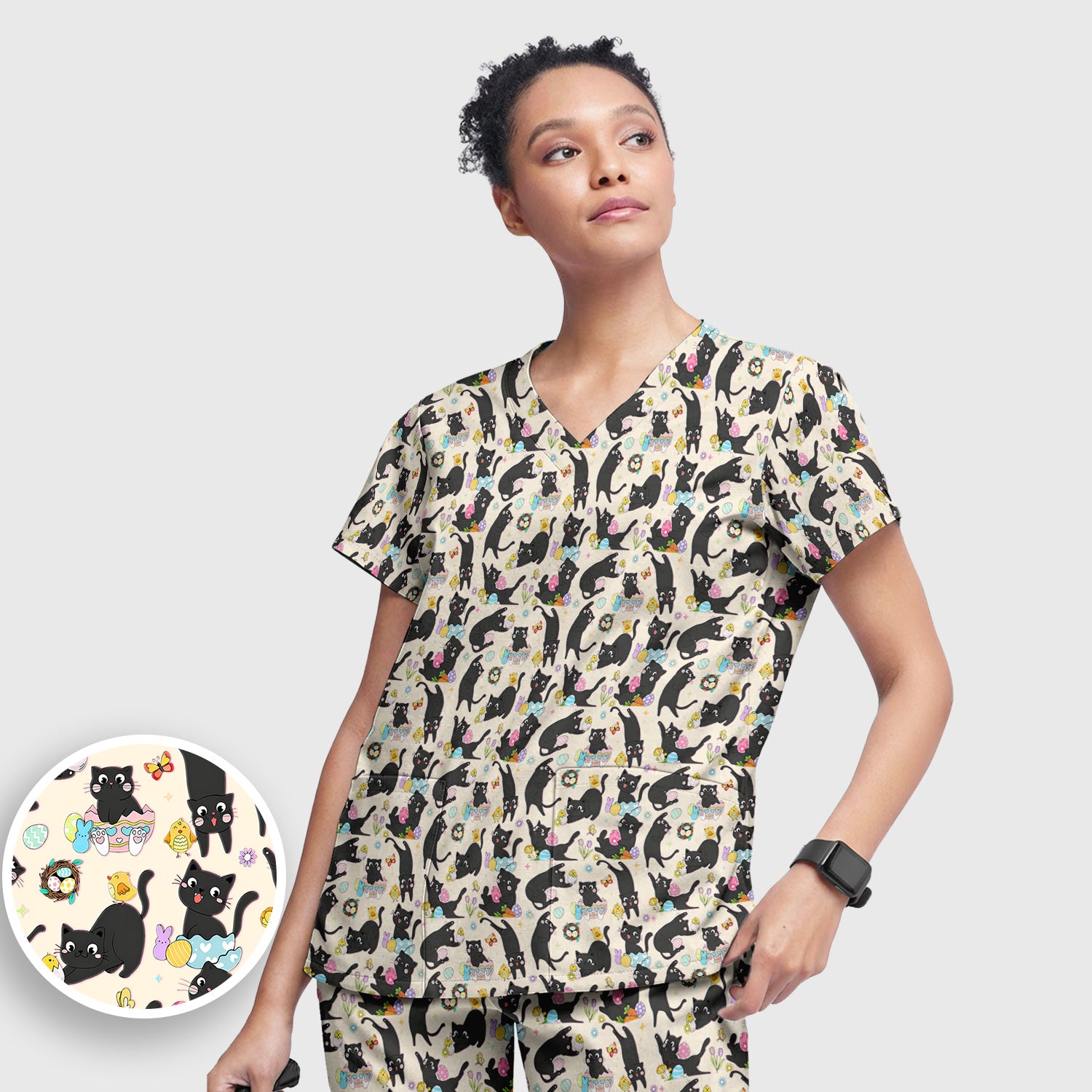 Playful Black Cat Easter Egg Pattern Scrub Set, Scrub Pants and V Neck Top