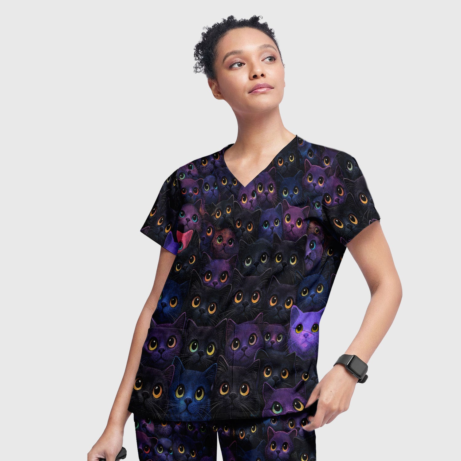 Cute Colorful Cat Eyes Pattern Scrub Set for Nurses, Scrub Pants and V Neck Top, Breathable Med Uniform