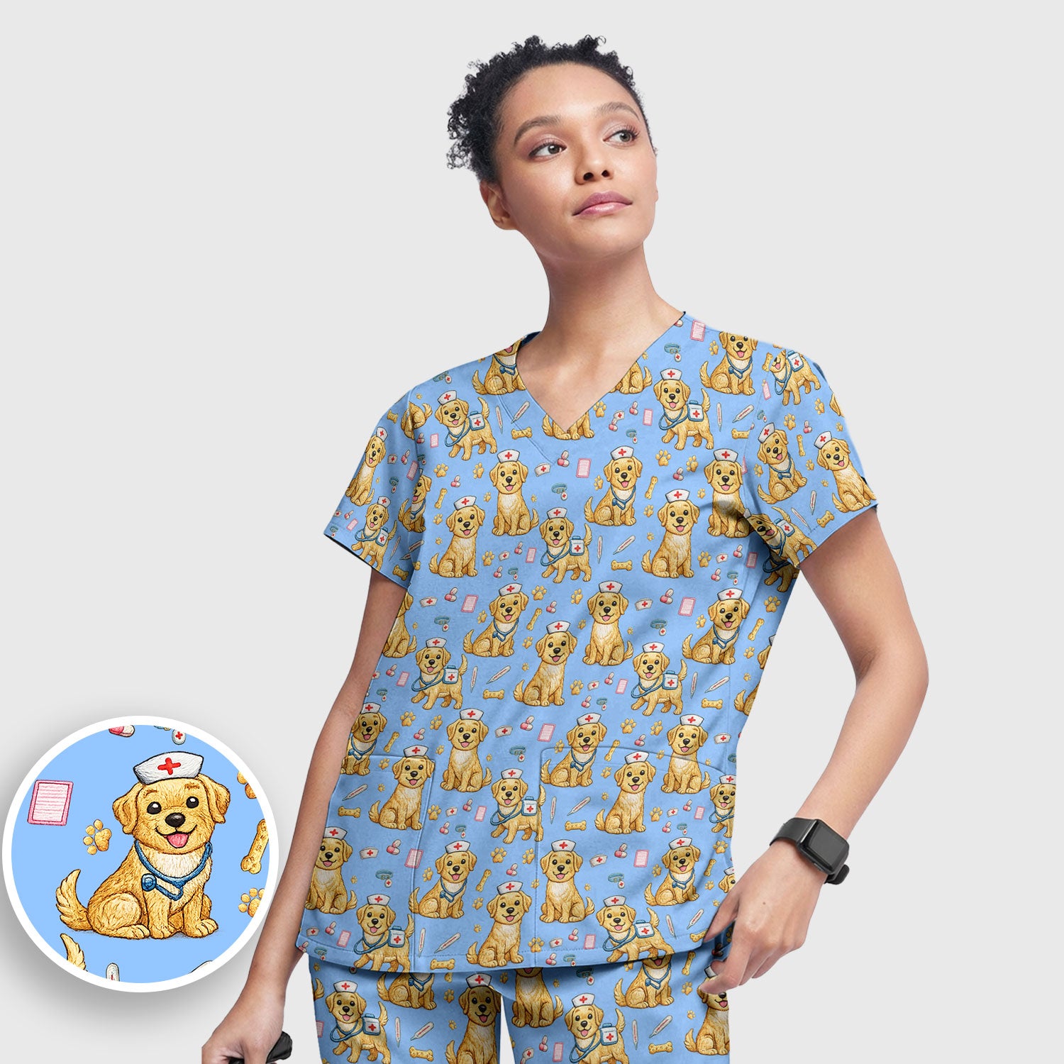 Cute Puppy Nurse Medical Print Women’s Scrub Set, Scrub Pants and V Neck Top